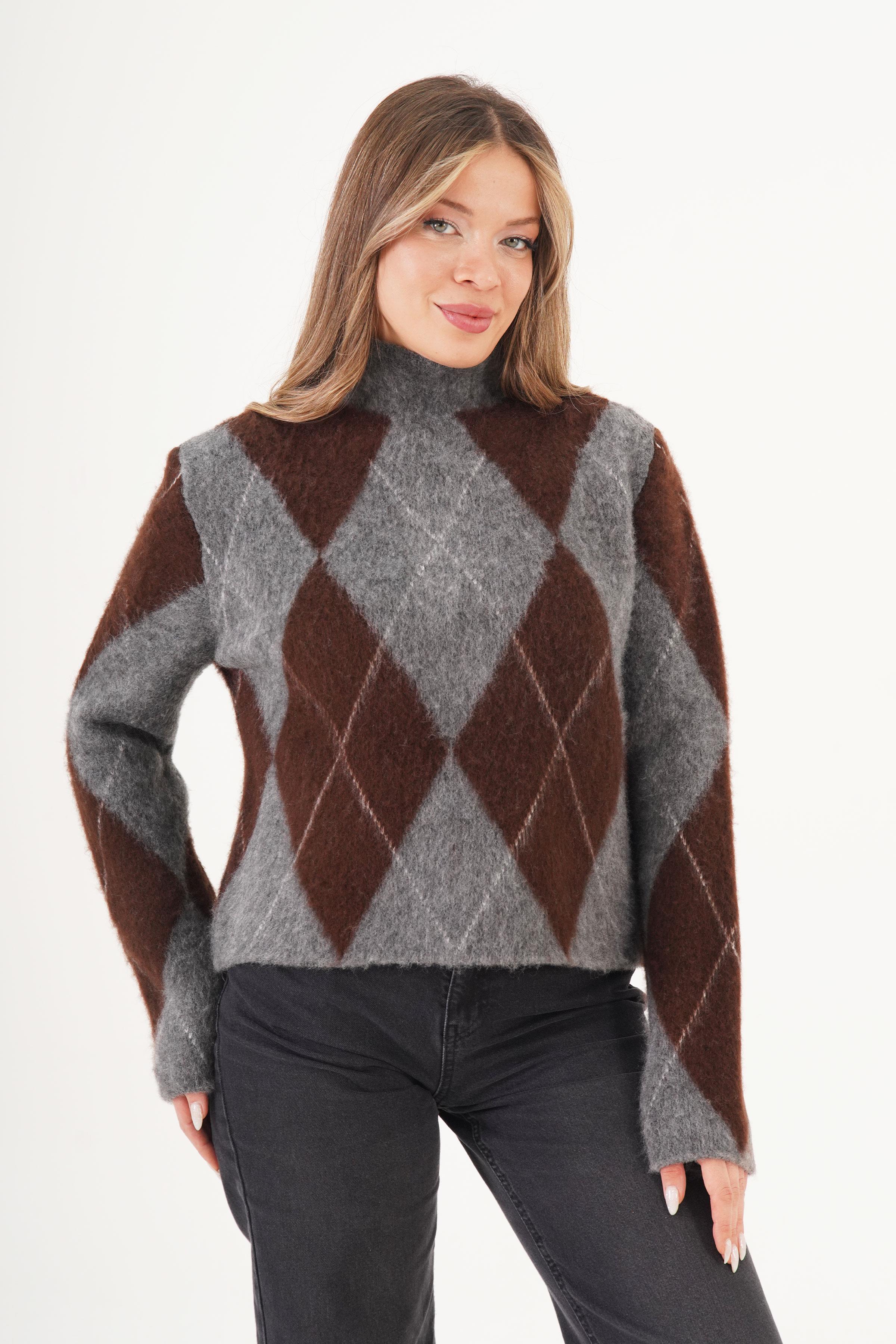 Baklava Desen Dik Yaka Kahve Toptan Triko Kazak