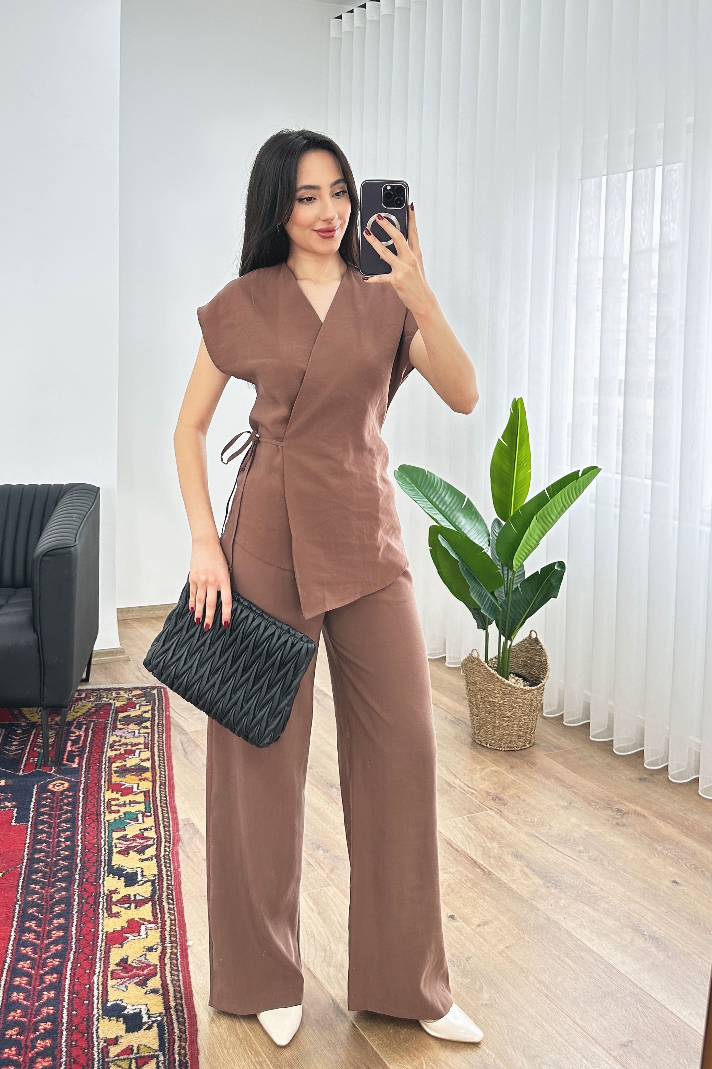 Modal Tek Düğme Kapamalı Oversize Camel Toptan Takım Camel S