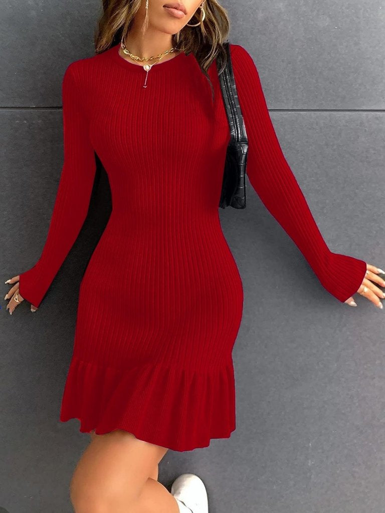 Kadın Bisiklet Yaka Uzun Kol Etek Ucu Fırfırlı Triko (polyenit) Mini Boy Elbise, 37847