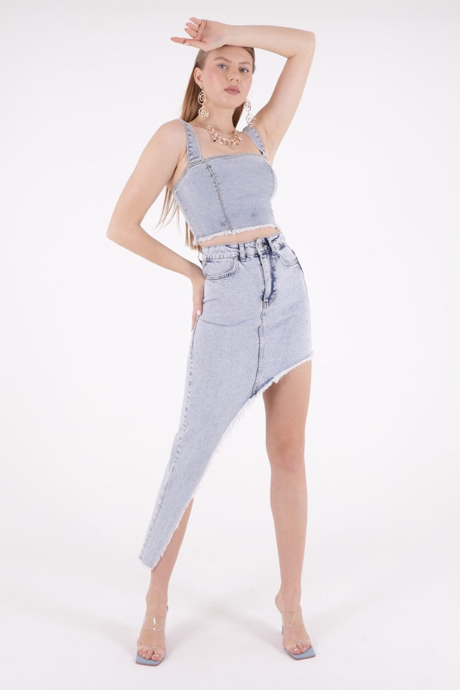 Püsküllü Etek - Orta Mavi Kot - (S-XL-6) - 2