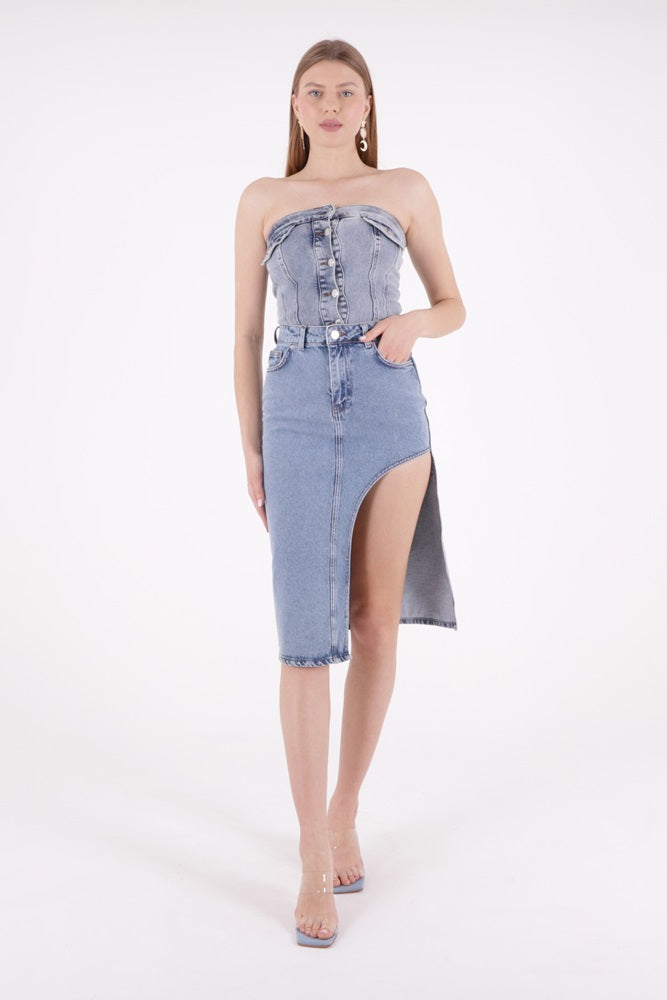 Asimetrik Detaylı Kot Etek - Orta Mavi Kot - (S-XL-6-2) - 2