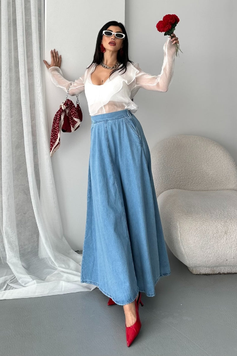 Volanlı Uzun Etek - Orta Mavi - (36-44) - 6