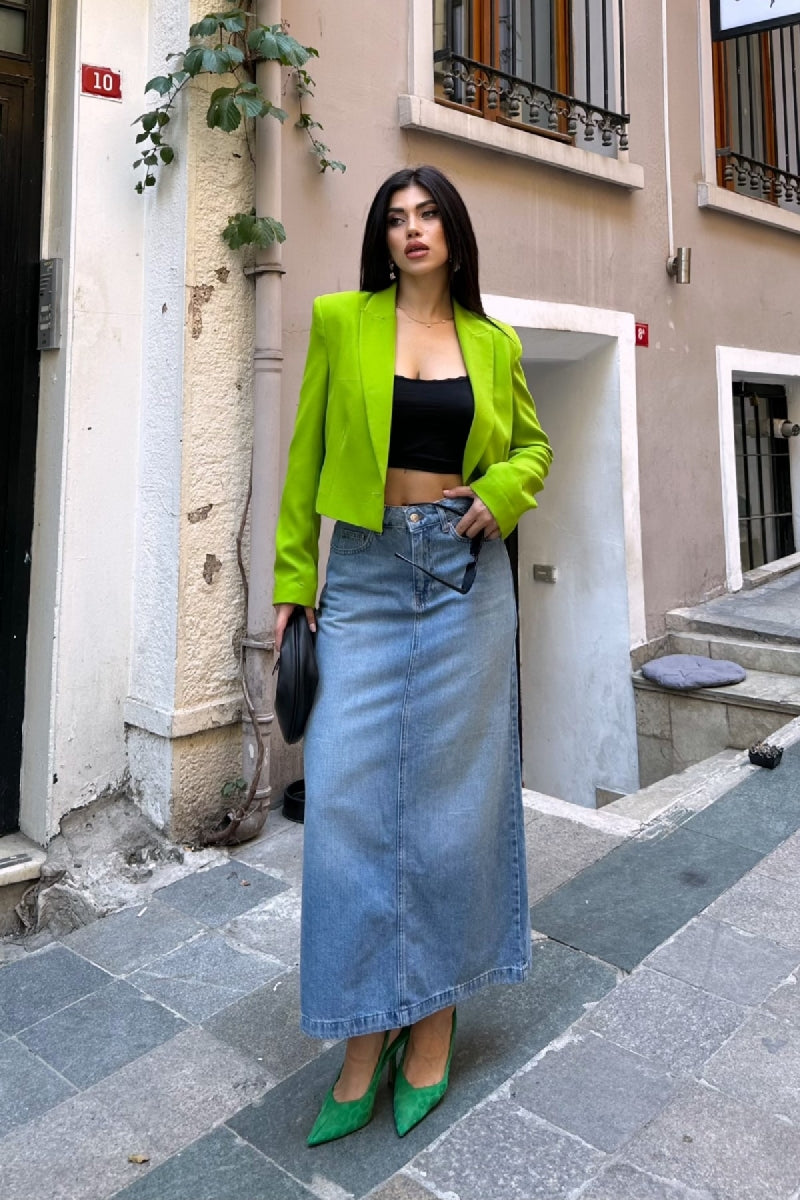 Uzun Boy Kot Etek Açık Mavi Kot