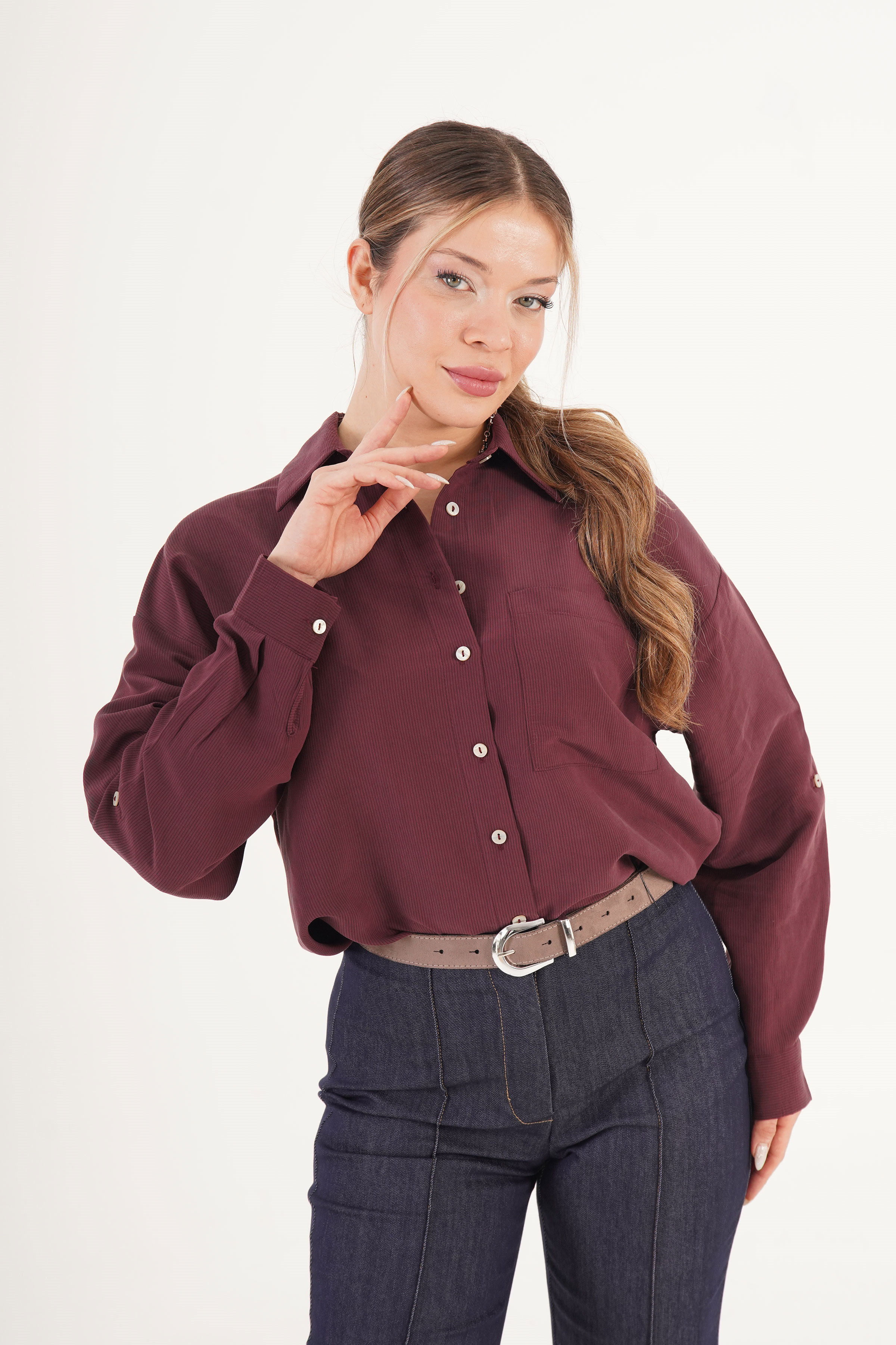 Minimal Soft Çizgili Bordo Toptan Gömlek