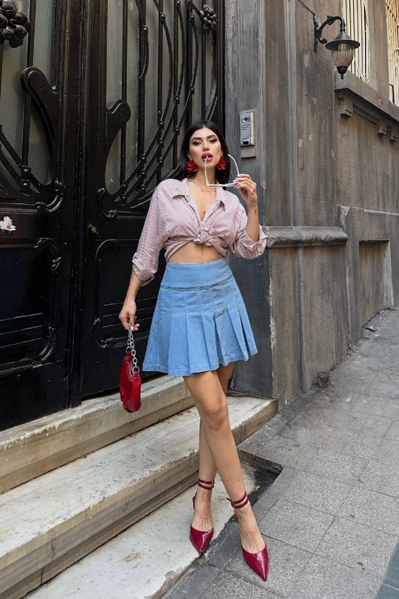 Pileli Mini Etek - Orta Mavi - (36-42-4) - 2