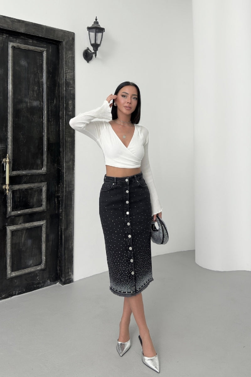 Taşlı Orta Boy Kot Etek - Düz Antrasit - (S-XL-6-2) - 2