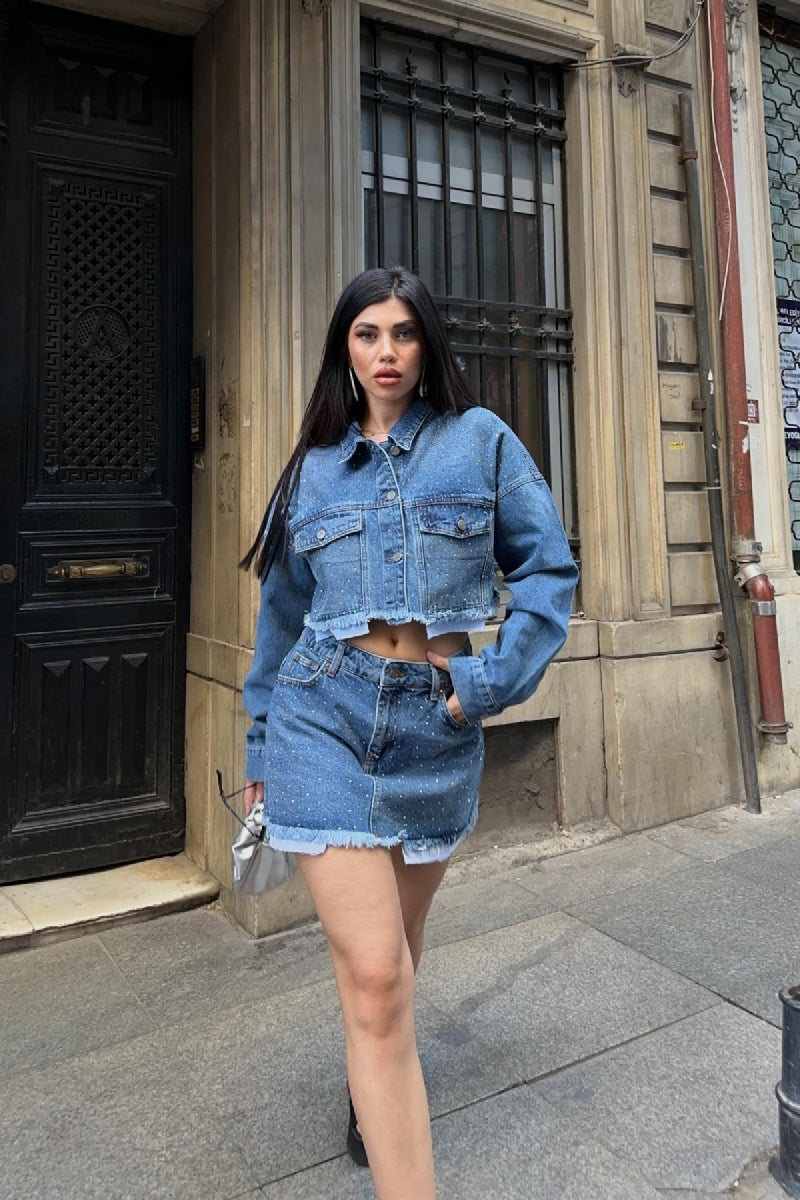 Taşlı Mini Kot Etek - Orta Mavi Kot - (XS-L) - 3