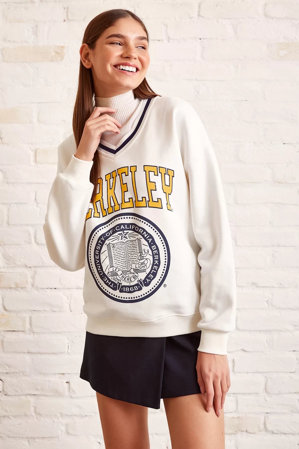 V Yaka Oversize Sweatshirt - Ekru - Ekru - L