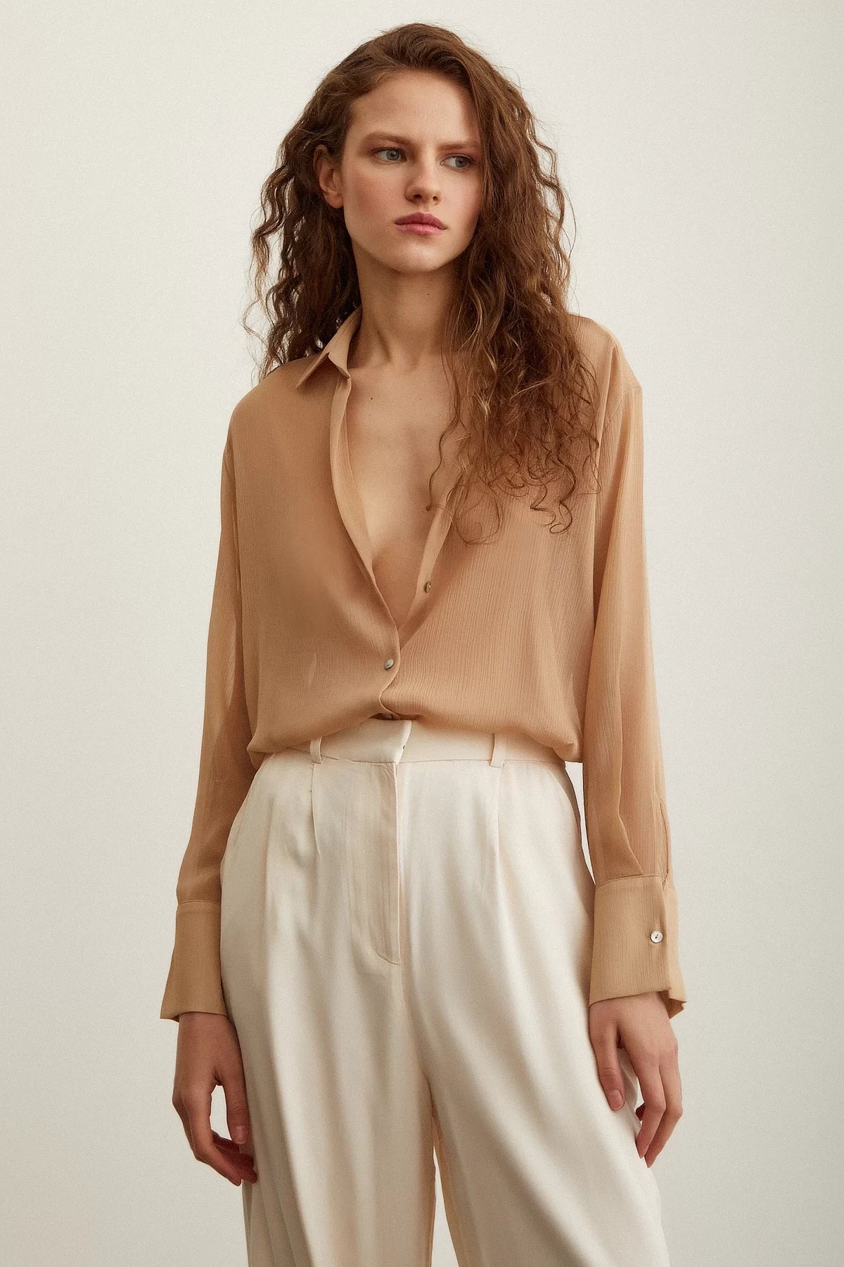 V Yaka Tül Gömlek - Nude - Nude - L