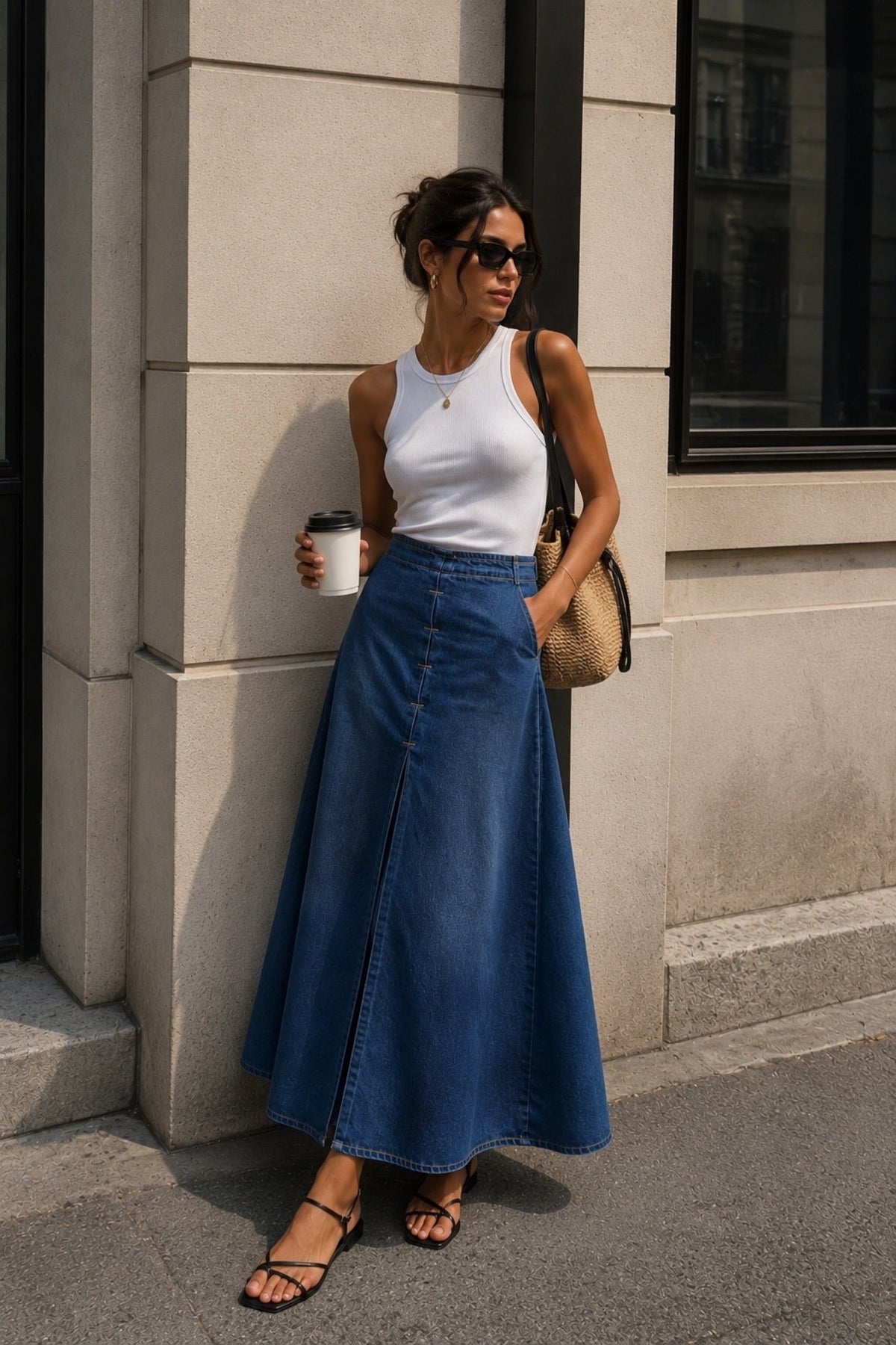 Dikiş Detay Yırtmaçlı Maxi Denim Etek - Koyu Mavi