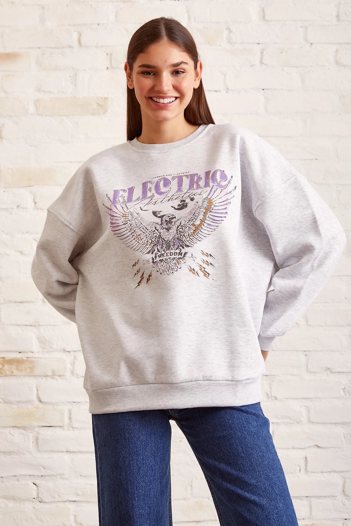 Bisiklet Yaka Baskılı Sweatshirt - Kar Melanj - Kar Melanj - L