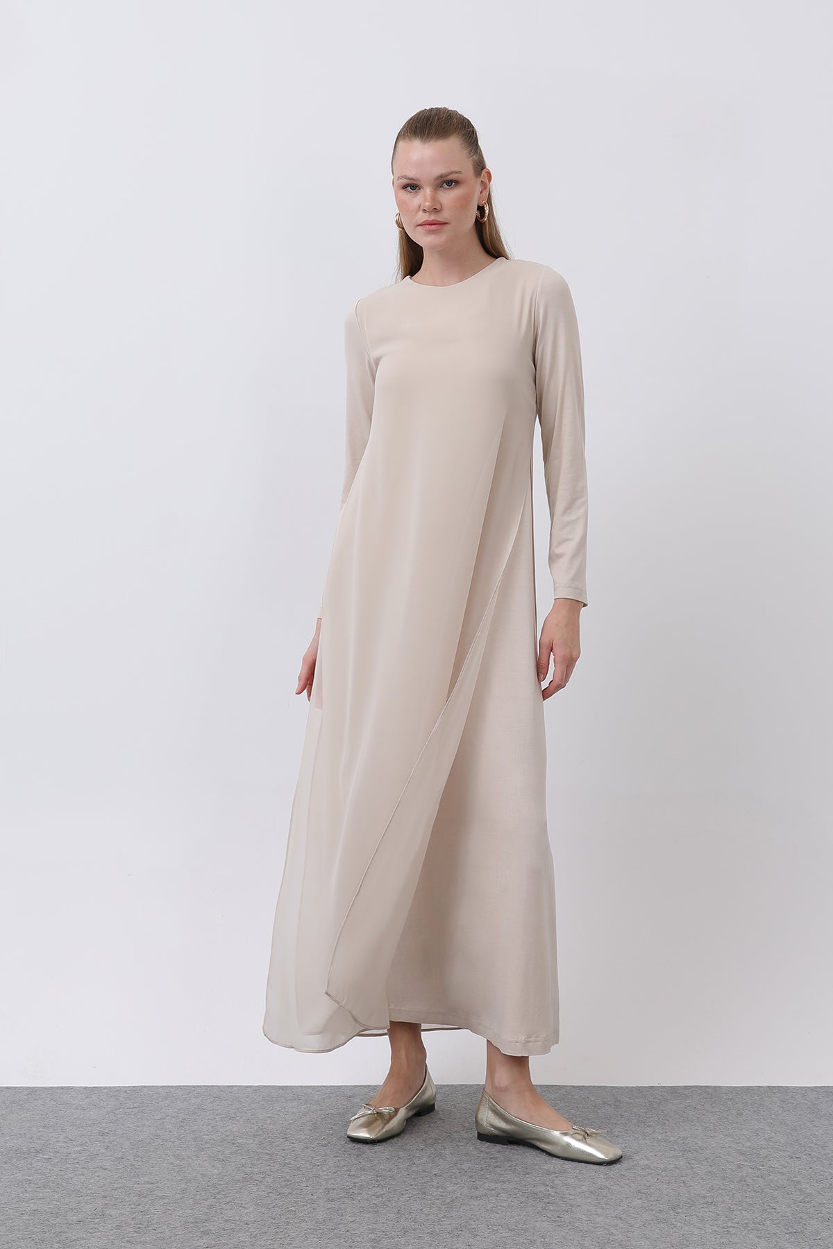 Kadın Şifon Detaylı uzun Elbise - 12447ELB - BEIGE