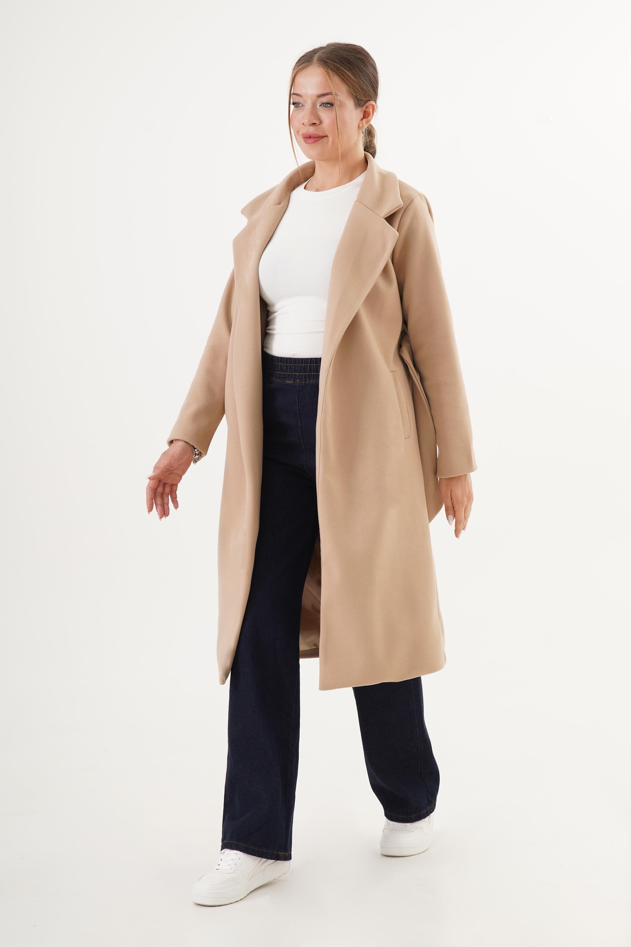 Beli Kuşaklı Astarlı Toptan Camel Kaşe Kaban