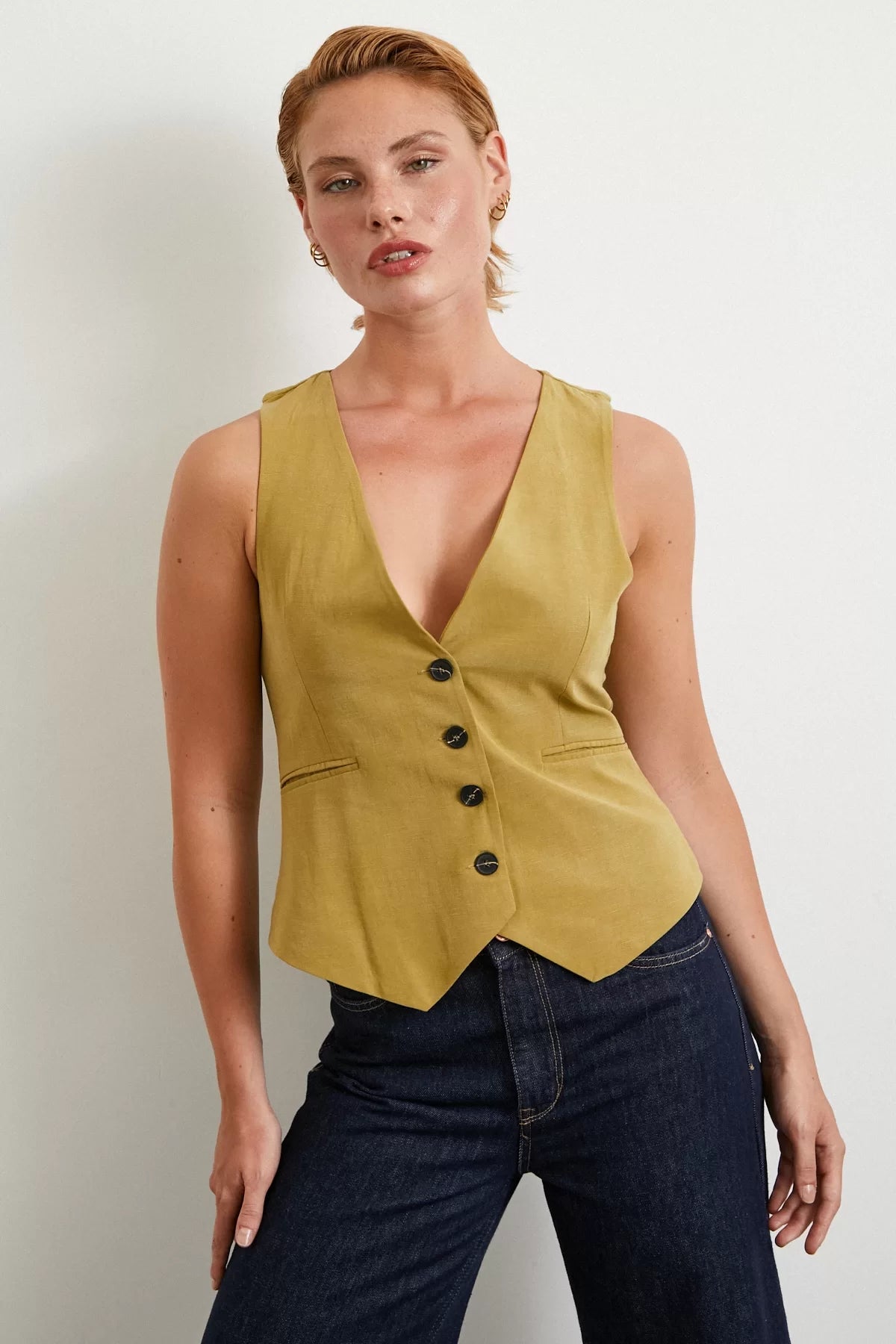 Cep Kapaklı Keten Yelek - Olive - Olive - L