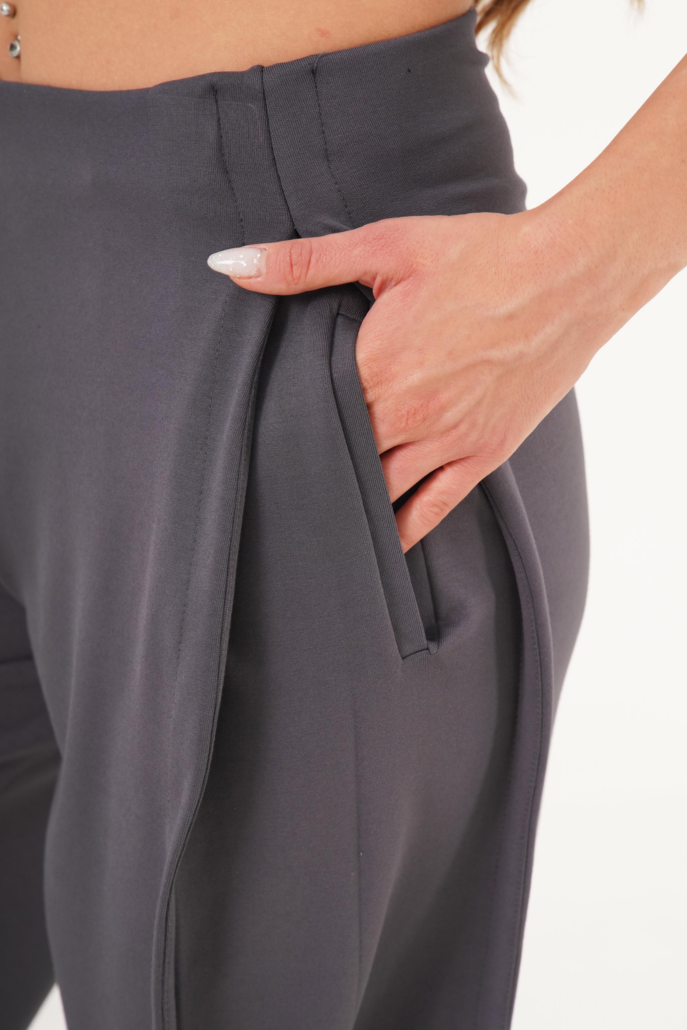 Yan Boydan Pileli Yüksek Bel Antrasit Spor Pantolon