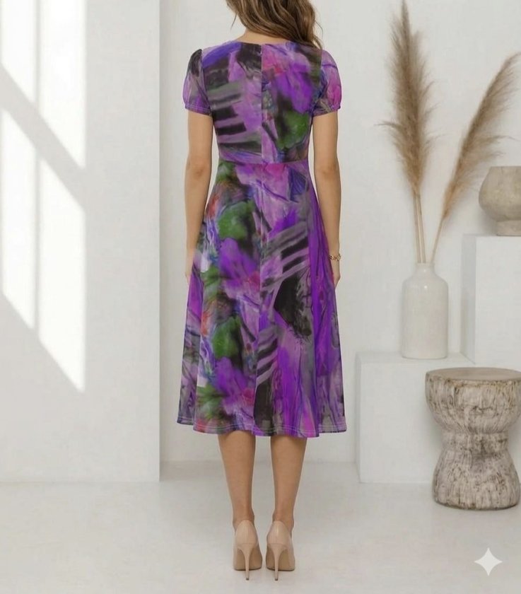 Kadın Kısa Kollu V Yaka Renkli Karışık Desen Kloş Süprem Midi Elbise, 32568