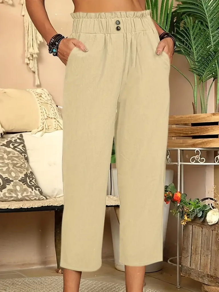 Women's Linen Capri Pants with Waist Shirring and Button Detail, 24633