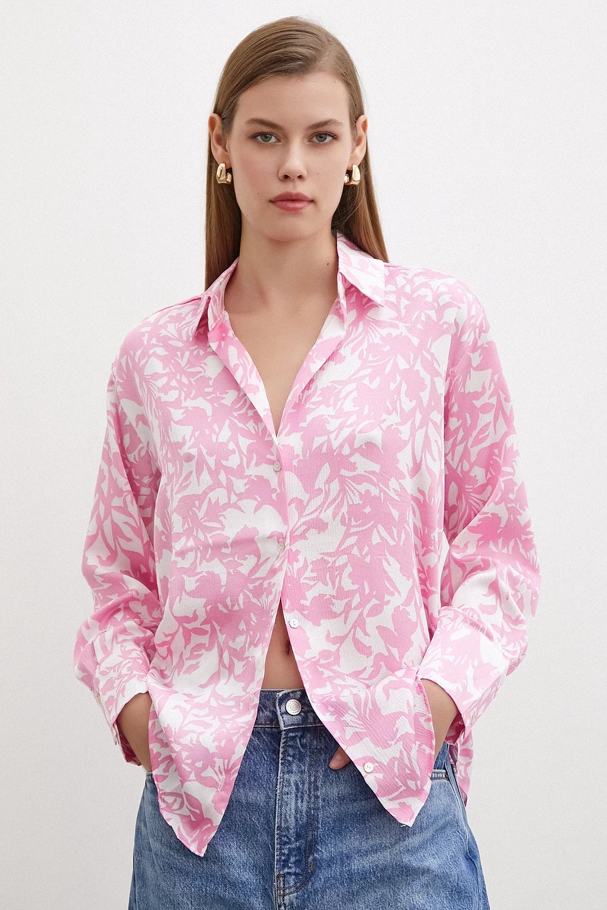 Desenli Gofret Saten Gömlek - Pembe - Pembe - L