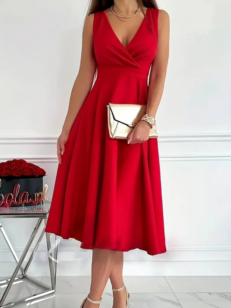 Women's Imported Crepe Fabric Double-Breasted Collar Flared Skirt Sleeveless Mini Dress, 24737