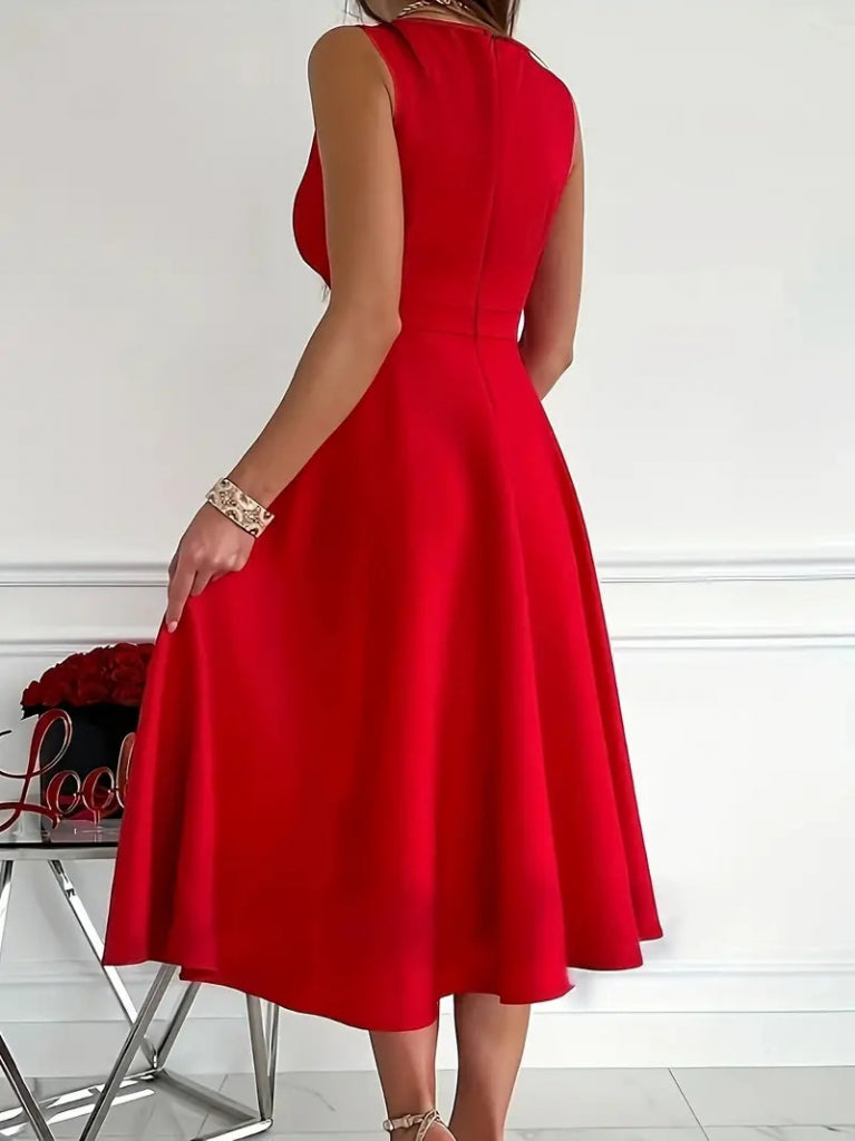 Women's Imported Crepe Fabric Double-Breasted Collar Flared Skirt Sleeveless Mini Dress, 24737