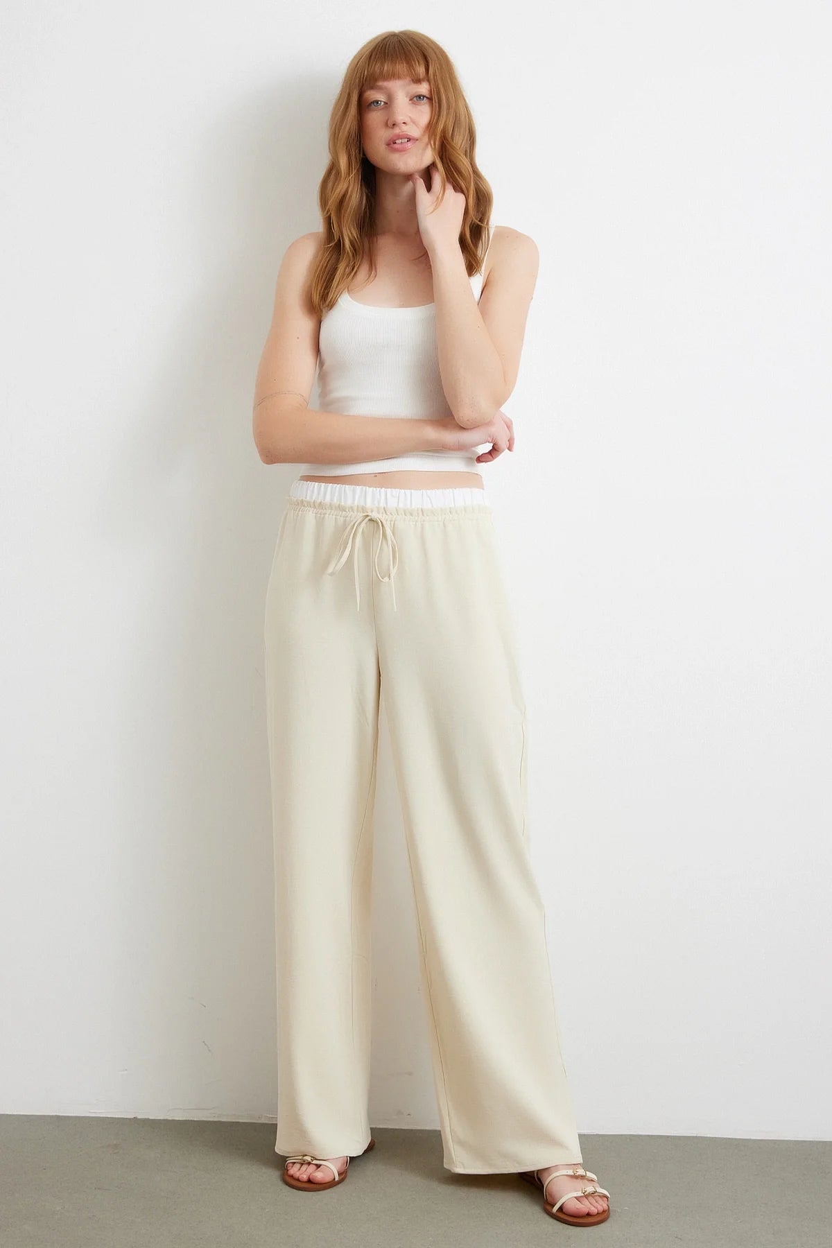 Bel Bantlı Wide Leg Pantolon - Krem - Krem - L
