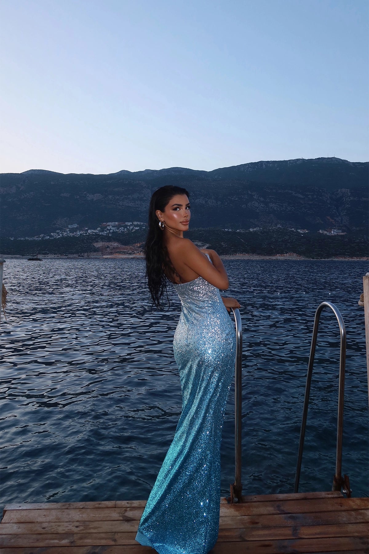 Mavi Çift Renk Toulon Uzun Yırtmaçlı Elbise