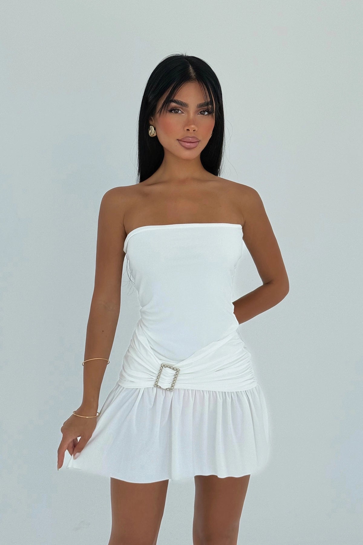 Beyaz Jody Mini Taş Aksesuarlı Elbise