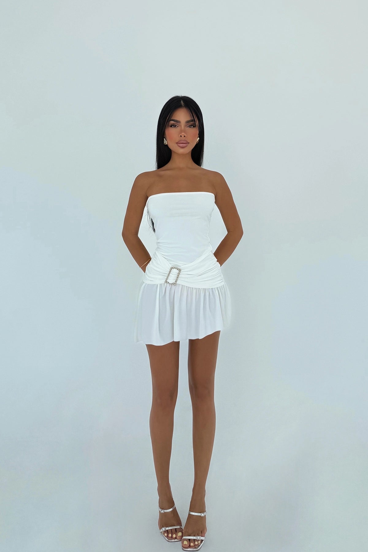 Beyaz Jody Mini Taş Aksesuarlı Elbise