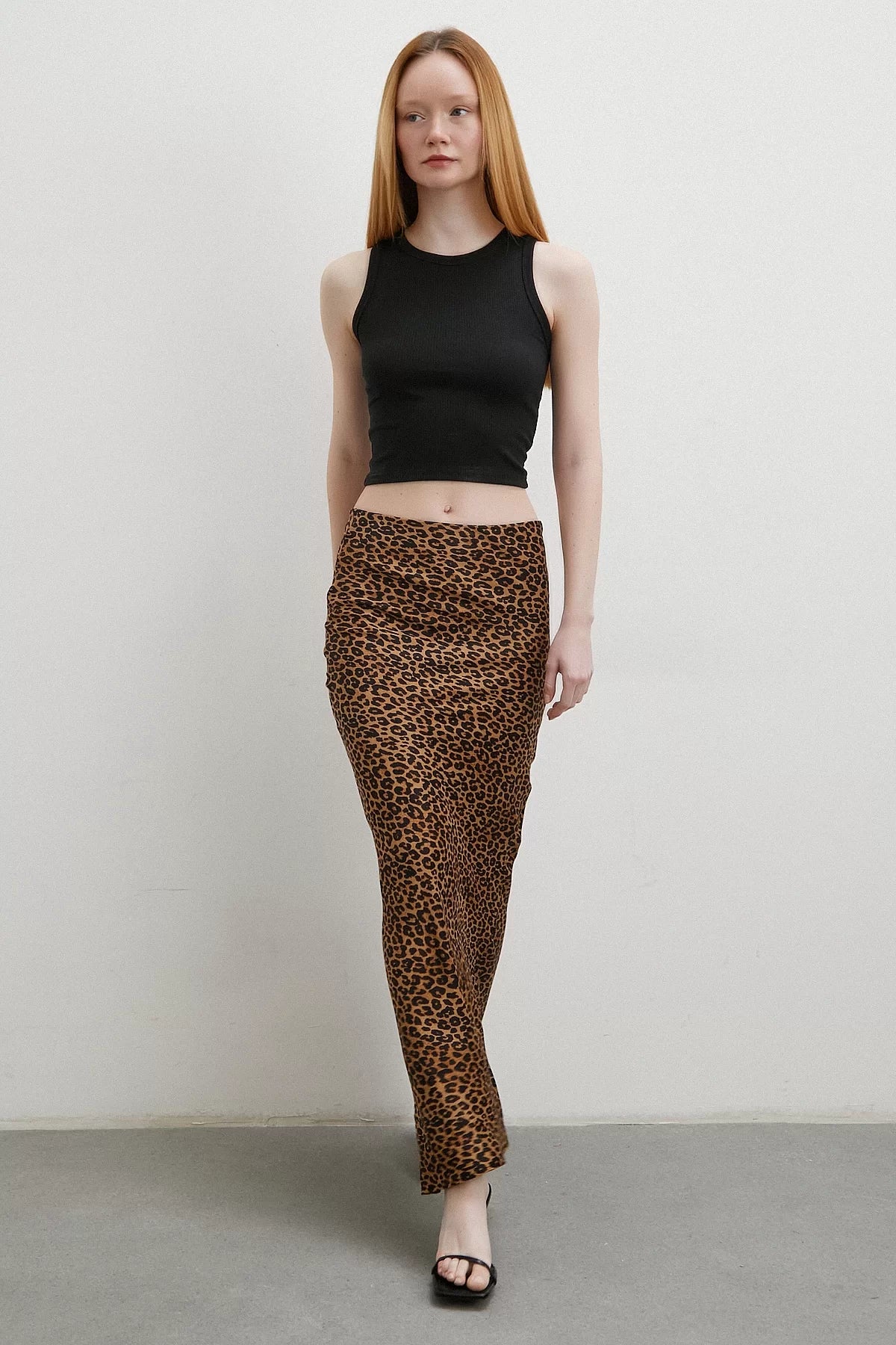 Leopar Desenli Verev Etek - Kahve - Kahve - L
