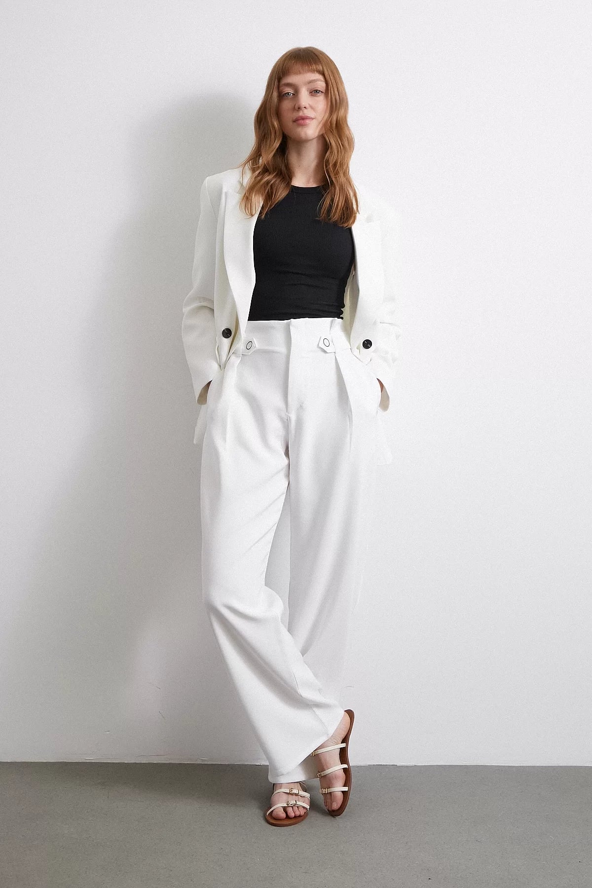 Bel Detaylı Wide Leg Pantolon - Ekru - Ekru - L