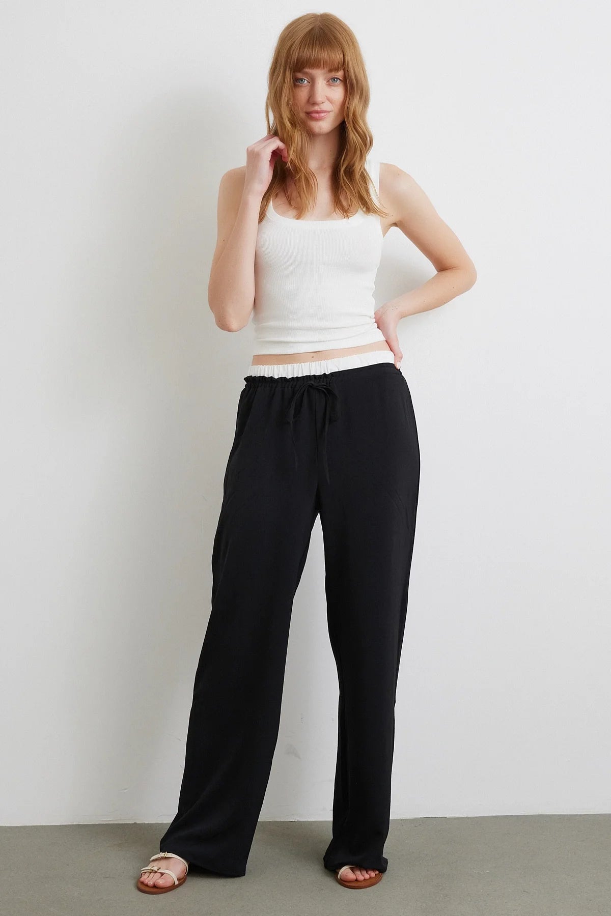 Bel Bantlı Wide Leg Pantolon - Siyah - Siyah - L