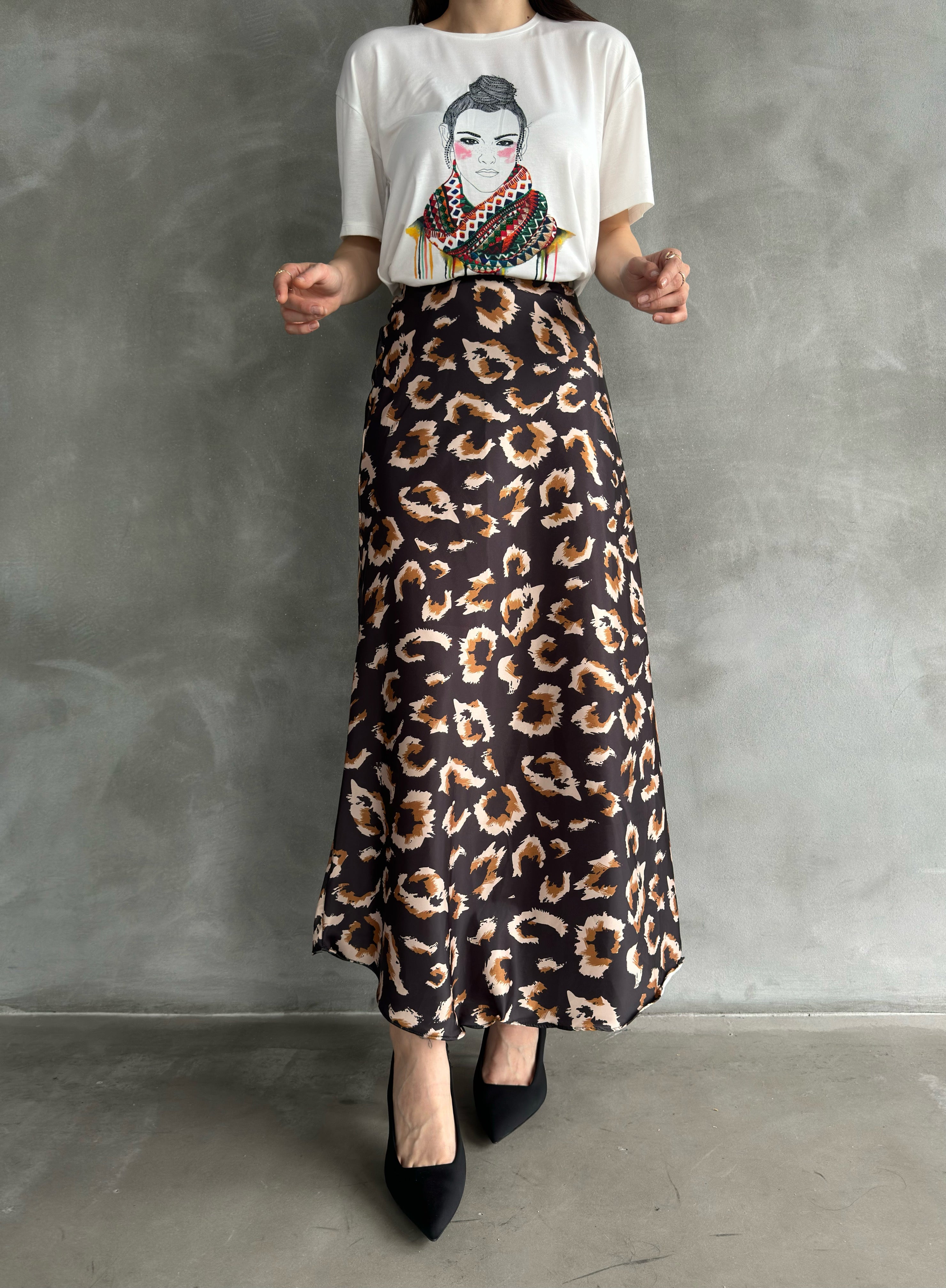 Maxi Length Patterned Satin Skirt