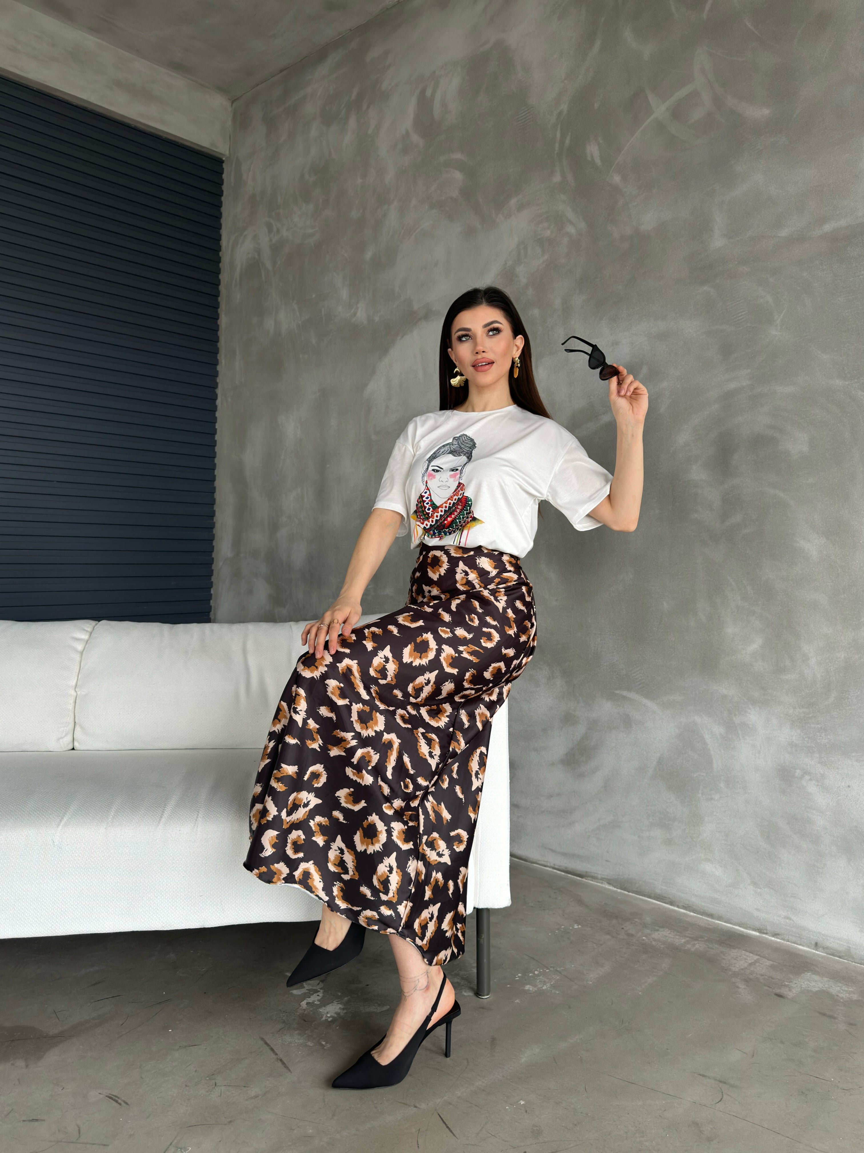 Maxi Length Patterned Satin Skirt