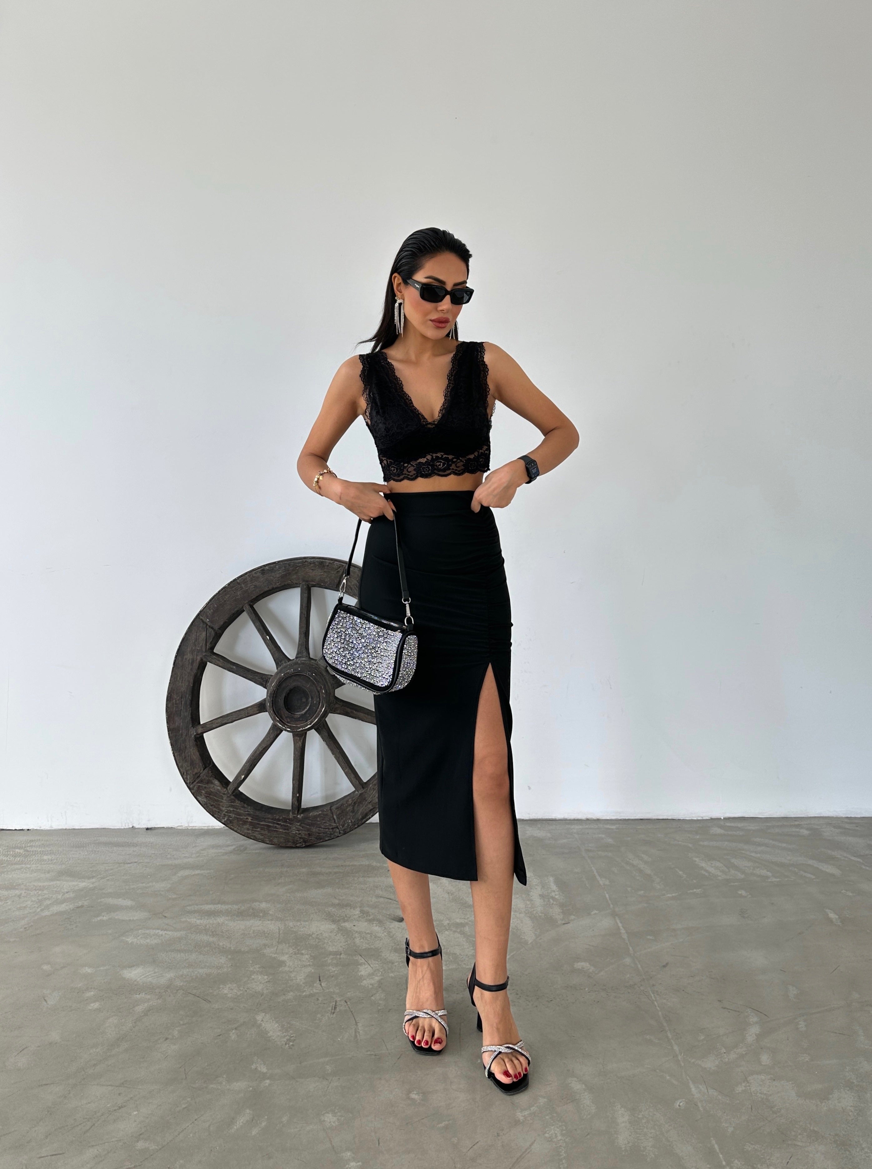 Ottoman Fabric High Waisted Gathered Midi Skirt