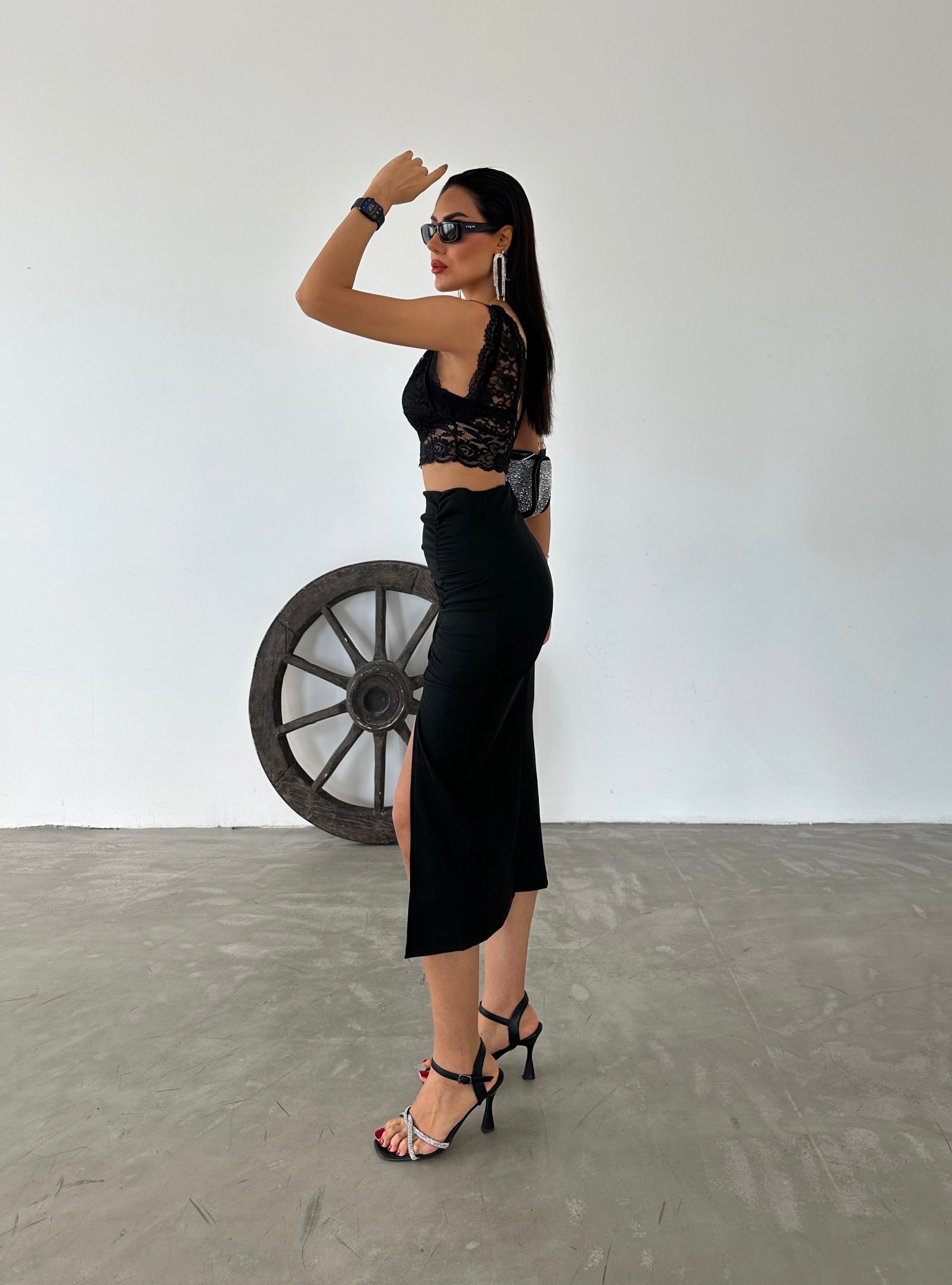 Ottoman Fabric High Waisted Gathered Midi Skirt