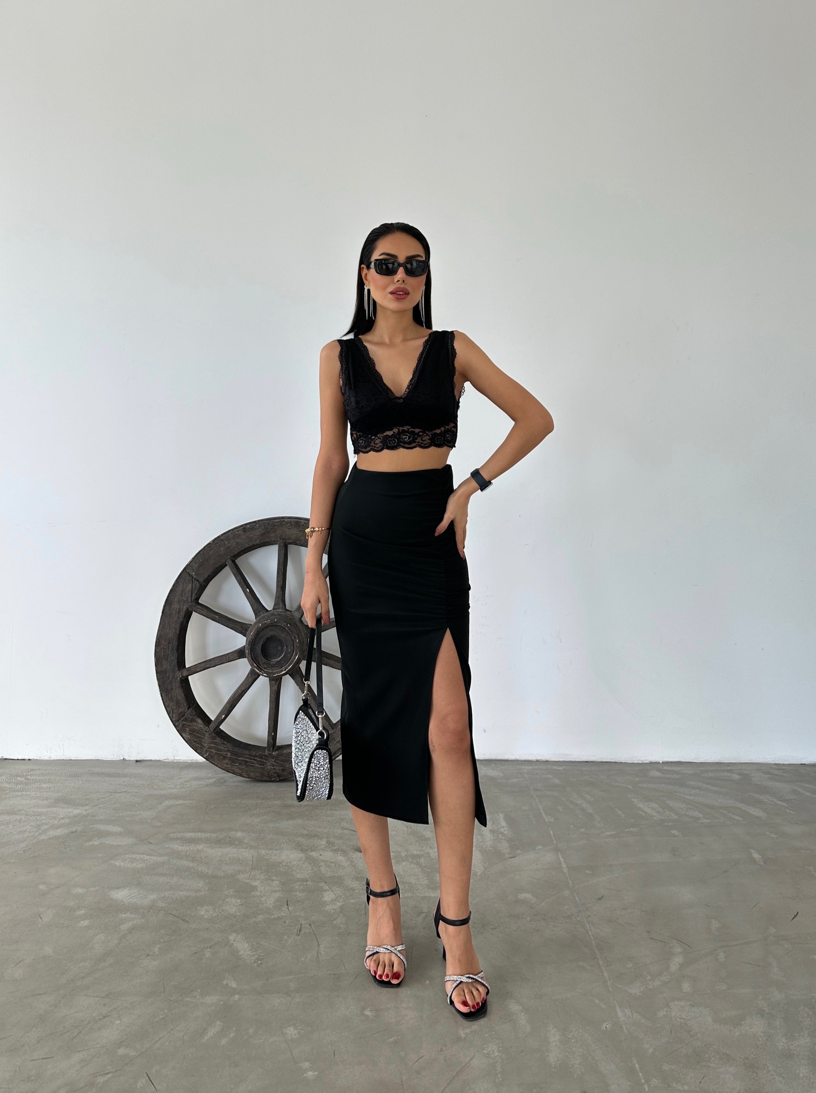 Ottoman Fabric High Waisted Gathered Midi Skirt