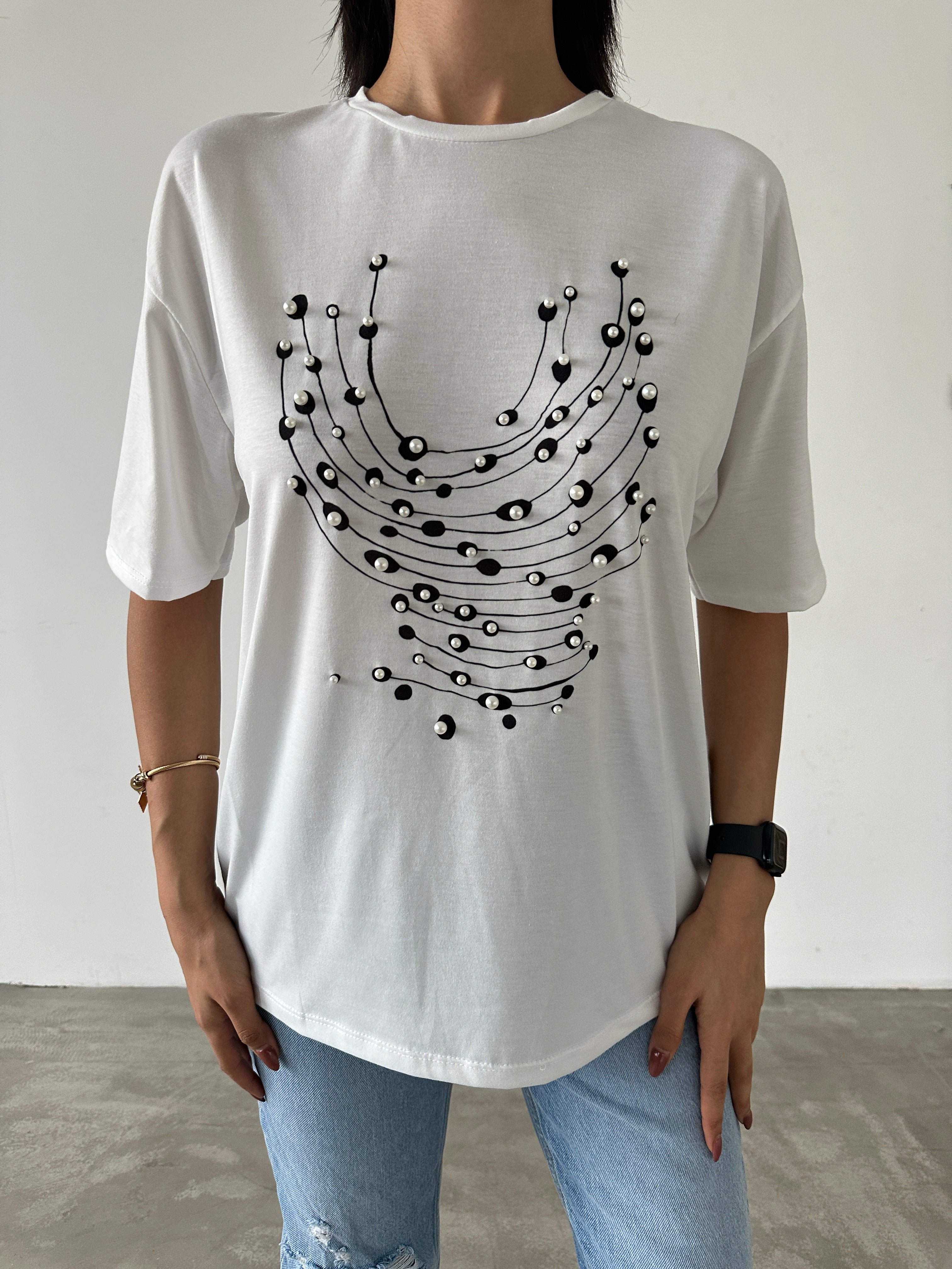 Baskılı İnci Detaylı T-shirt
