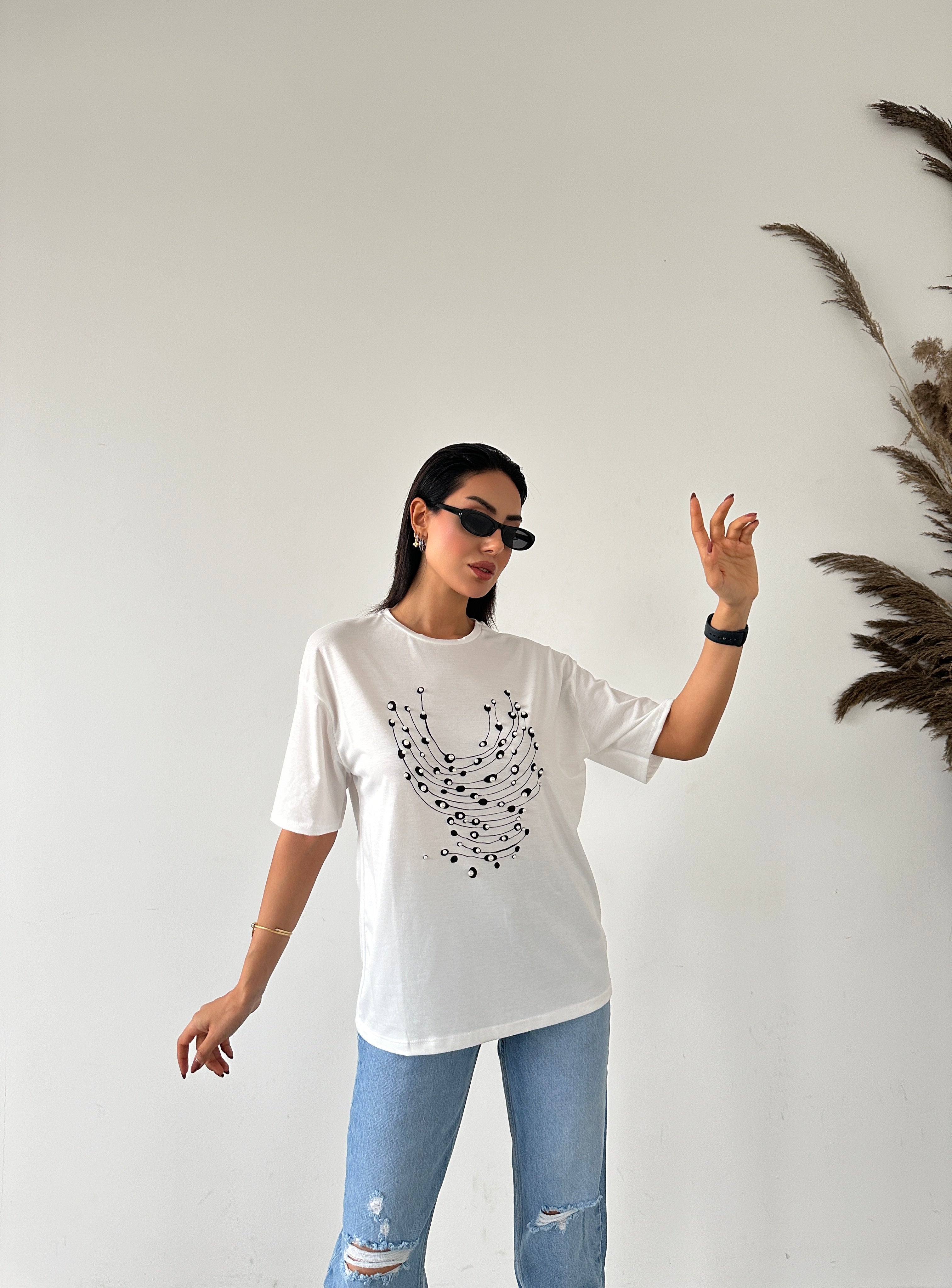 Baskılı İnci Detaylı T-shirt