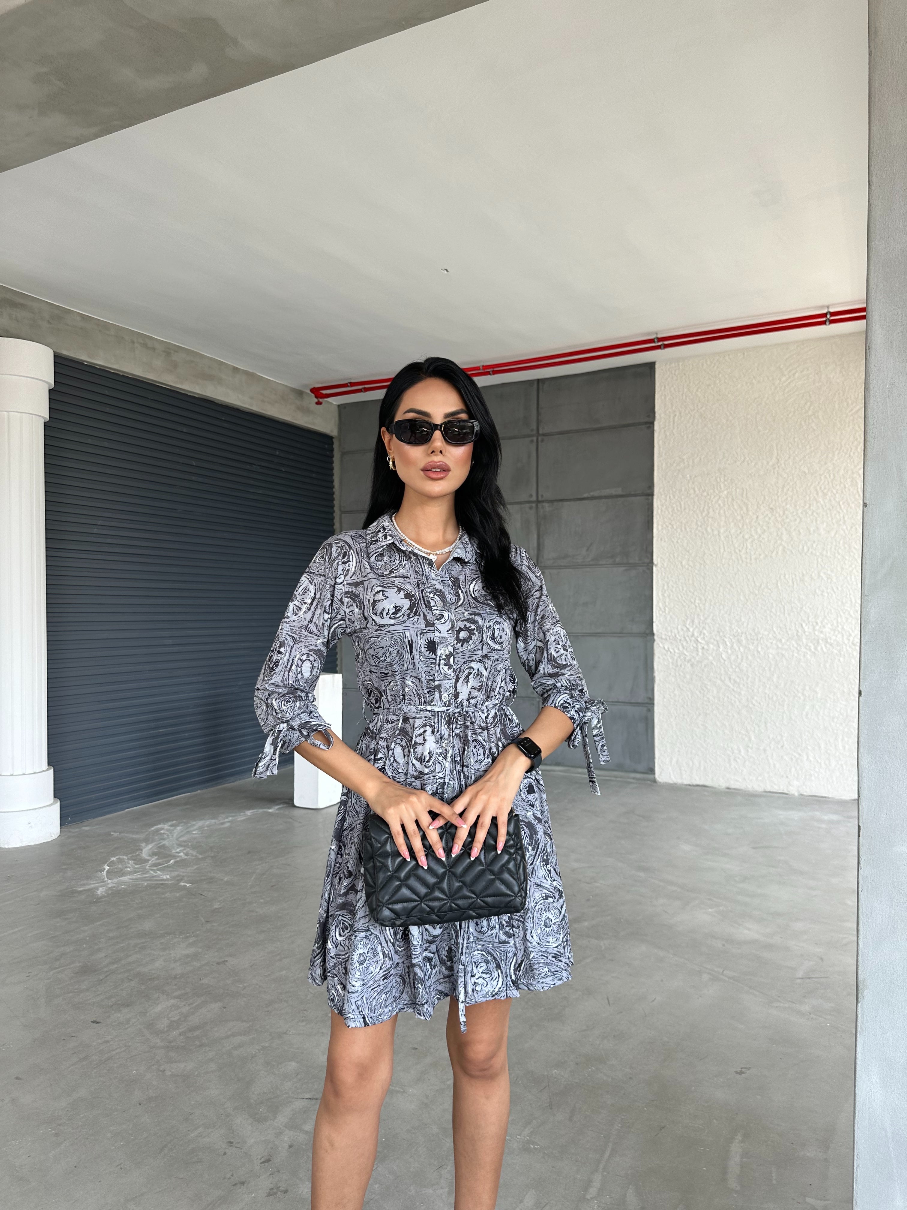 Shawl Pattern Shirt Collar Lace Detail Buttoned Dress
