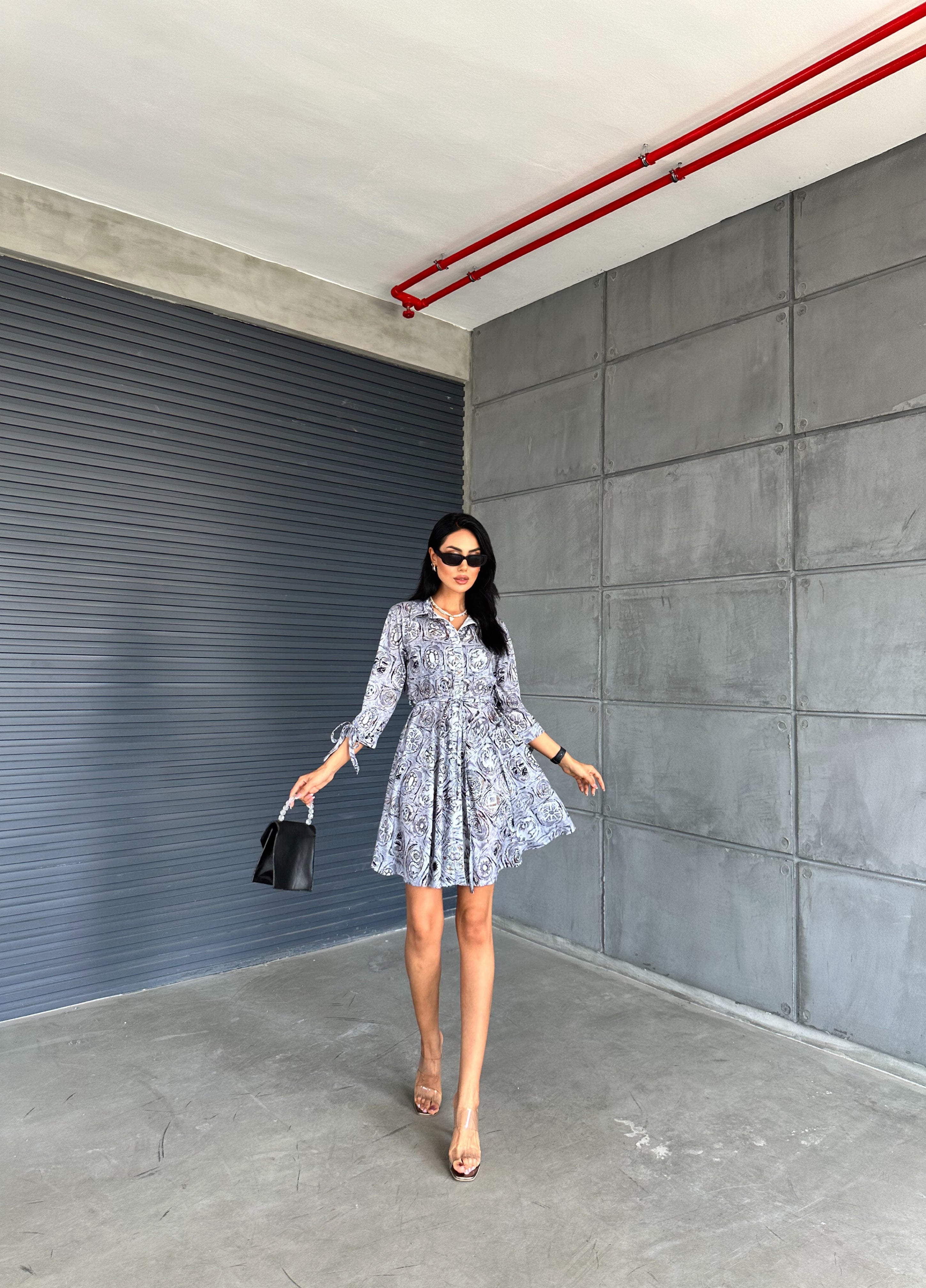 Shawl Pattern Shirt Collar Lace Detail Buttoned Dress