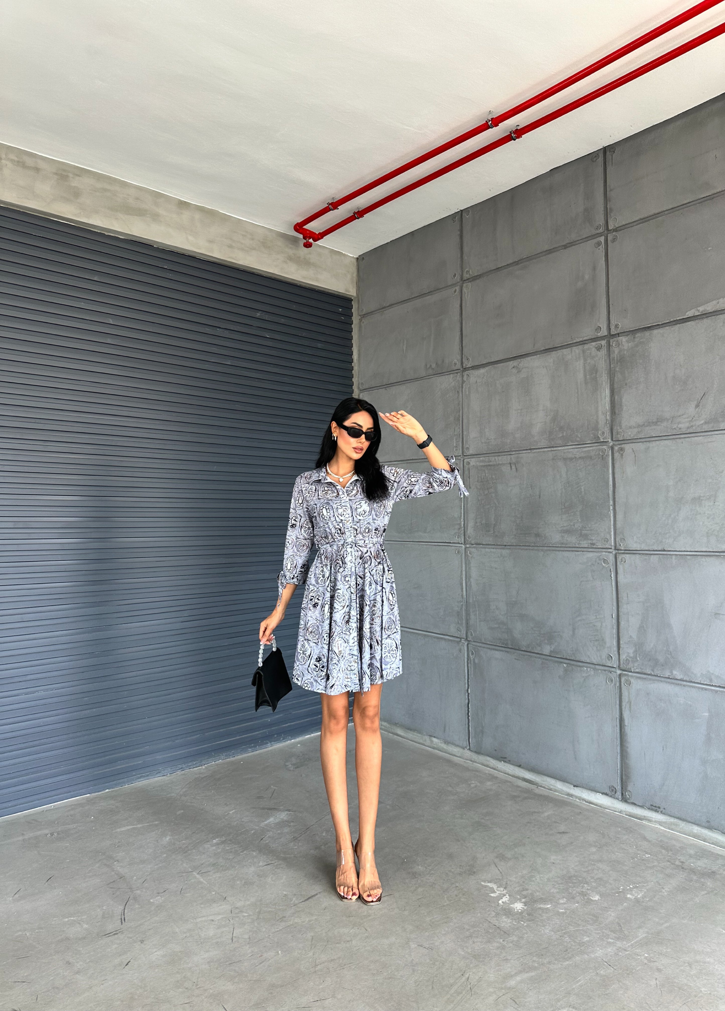 Shawl Pattern Shirt Collar Lace Detail Buttoned Dress