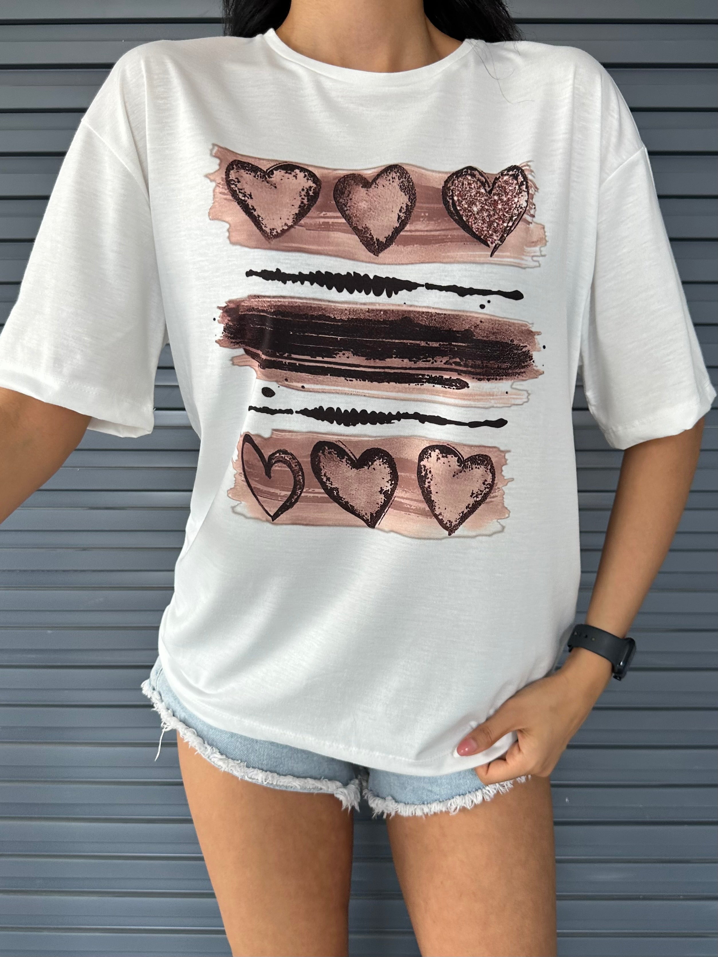 Kalp Baskılı Basic T-shirt