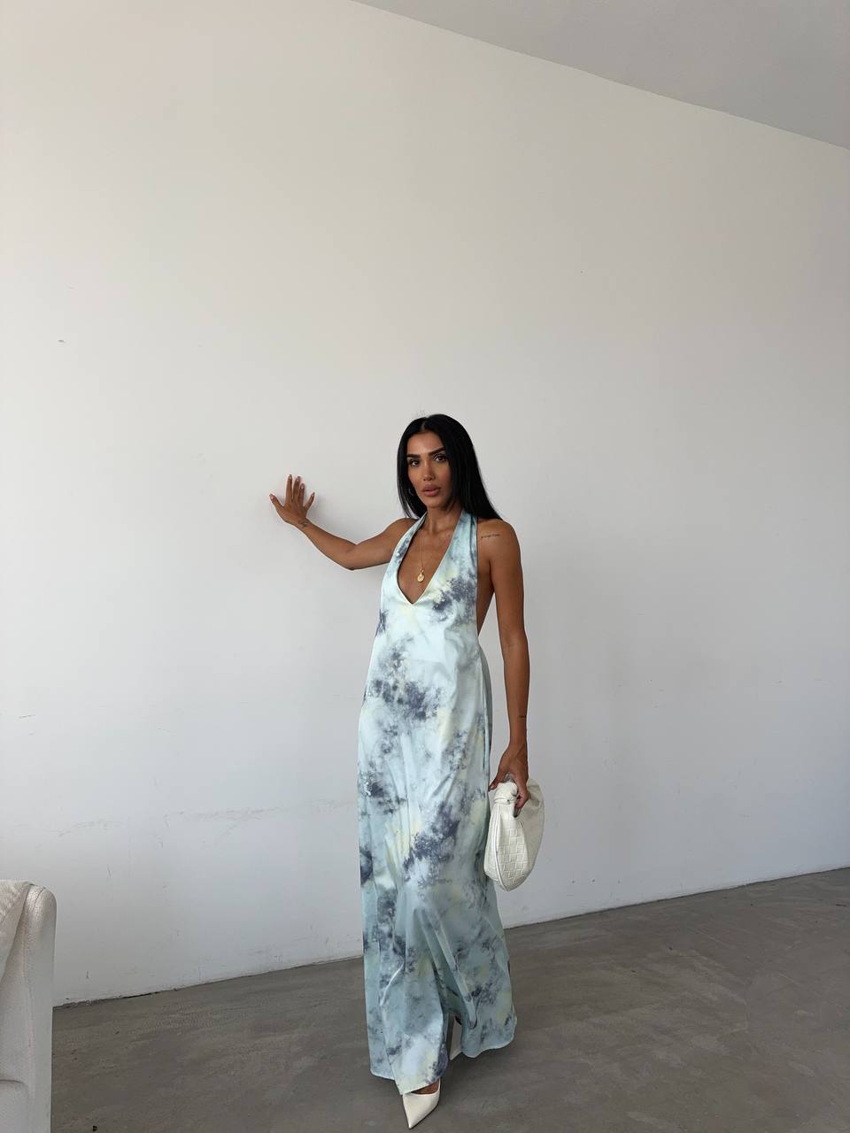 Desenli Maxi Saten Elbise