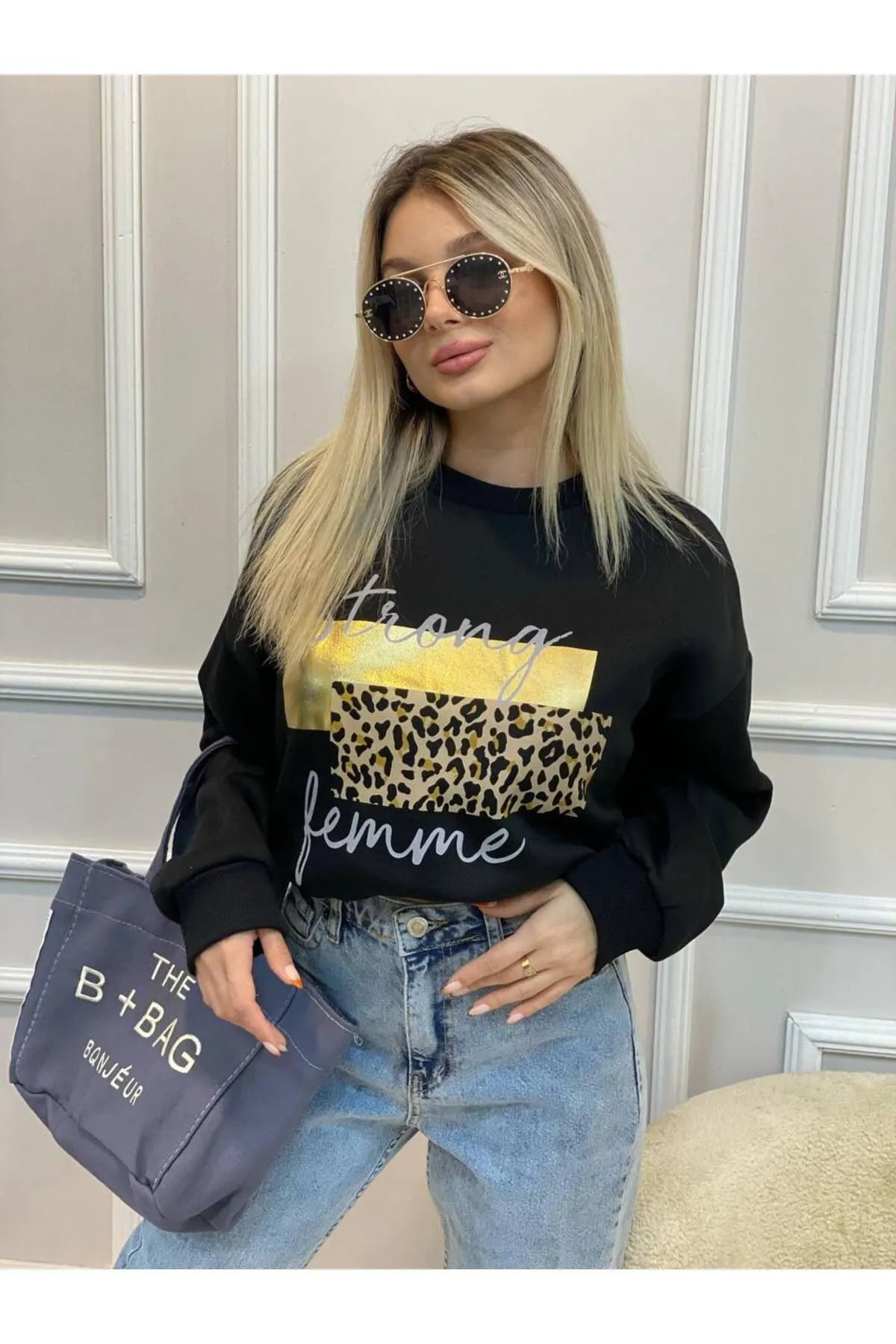 Strong Femme Baskılı Bisiklet Yaka Sweatshirt