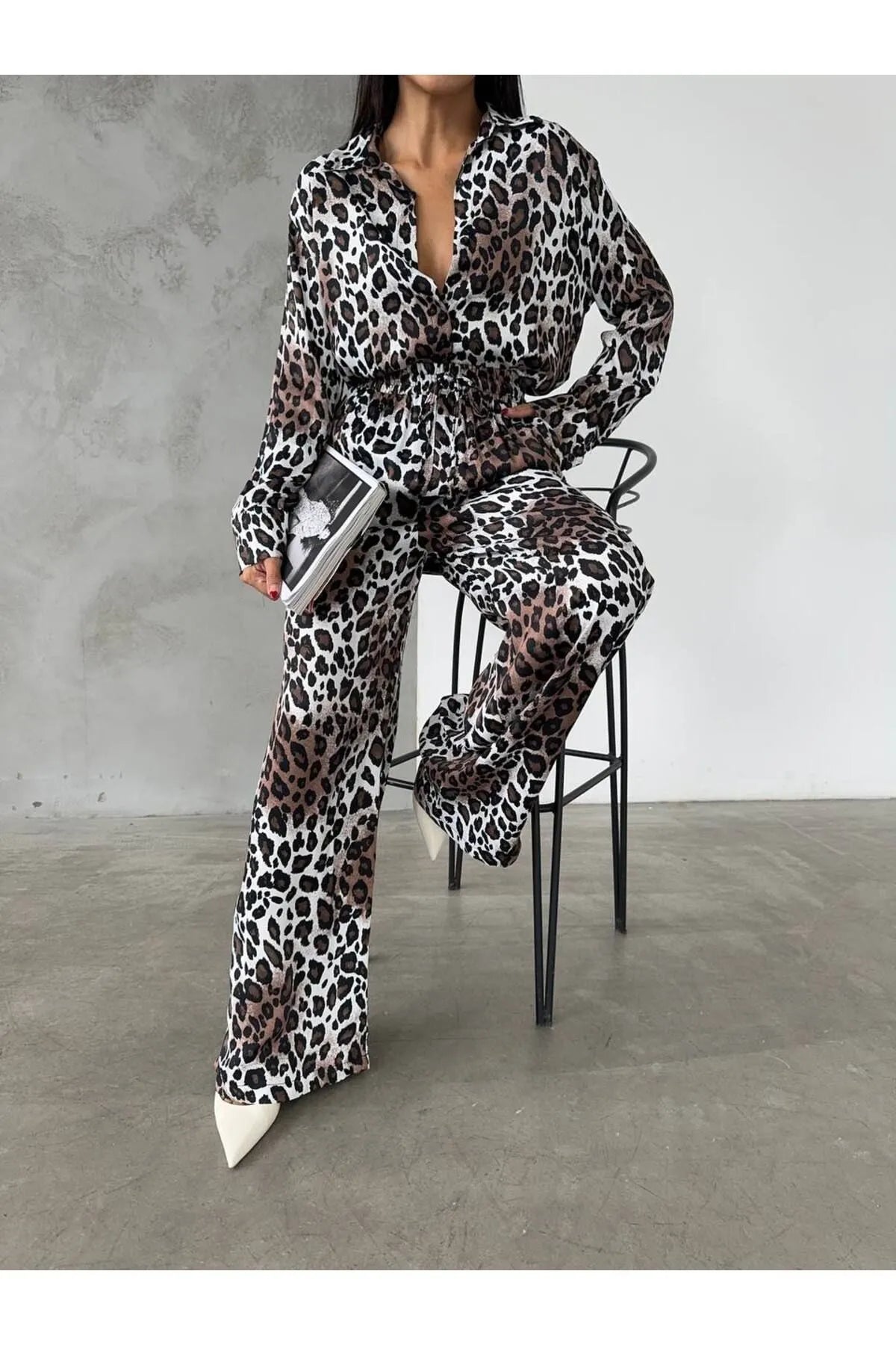 Leopar Desenli Saten Gömlek