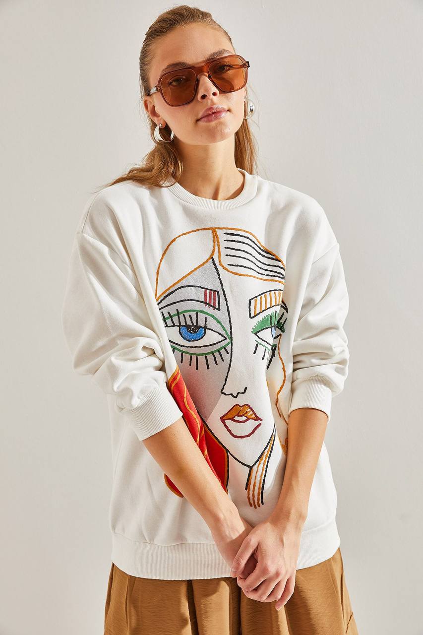 Kadın Figür Baskılı Bisiklet Yaka 3 İplik Şardonlu Sweatshirt