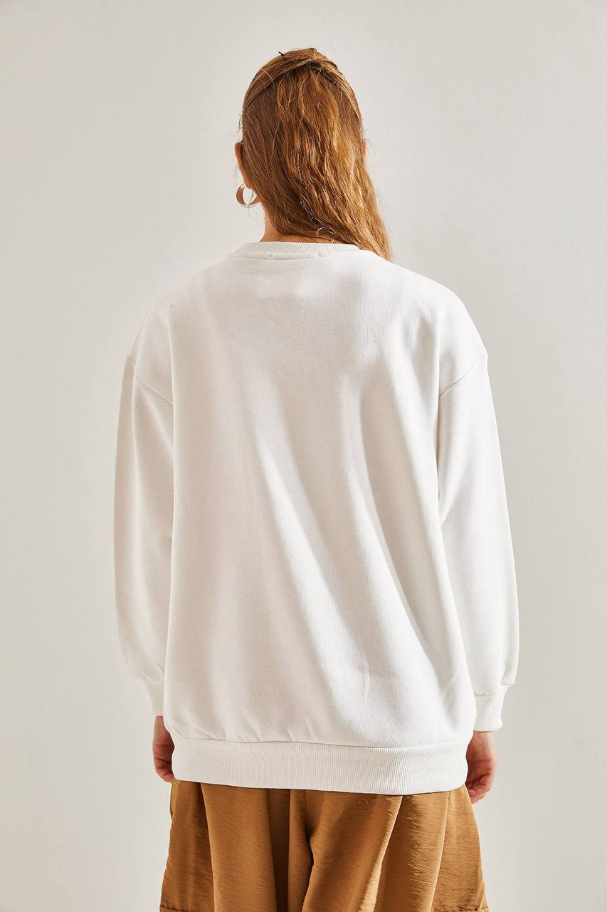 Kadın Figür Baskılı Bisiklet Yaka 3 İplik Şardonlu Sweatshirt