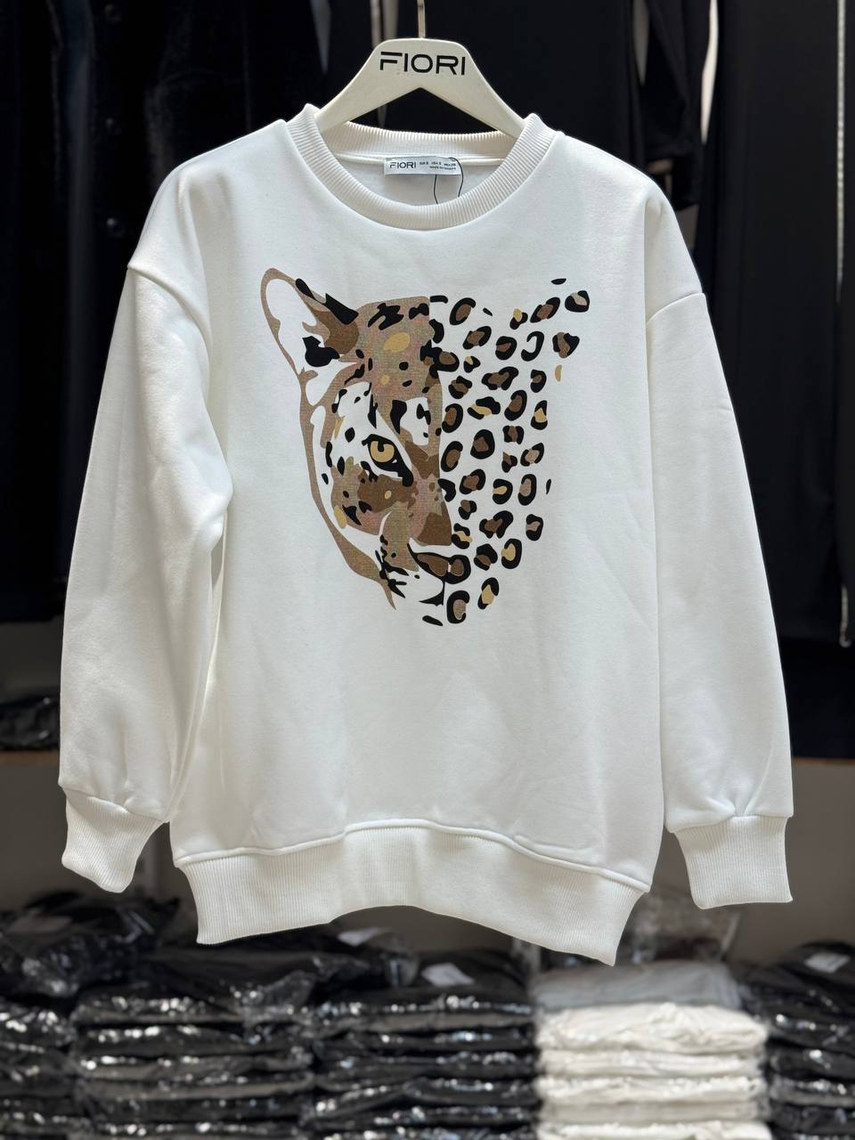 Kaplan Baskılı Bisiklet Yaka 3 İplik Şardonlu Sweatshirt