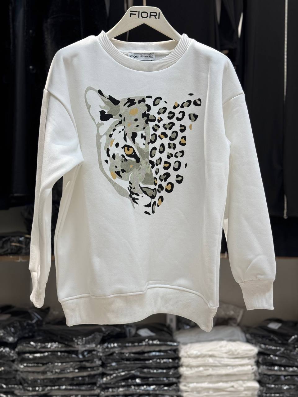 Kaplan Baskılı Bisiklet Yaka 3 İplik Şardonlu Sweatshirt