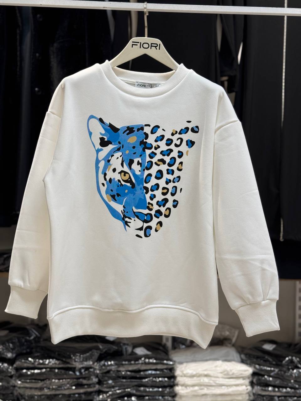 Kaplan Baskılı Bisiklet Yaka 3 İplik Şardonlu Sweatshirt
